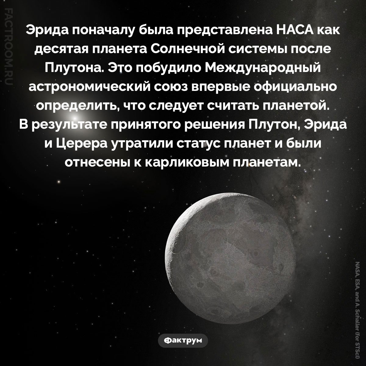 Карликовые планеты. Эрида поначалу была представлена НАСА как десятая планета Солнечной системы после Плутона. Это побудило Международный астрономический союз впервые официально определить, что следует считать планетой. В результате принятого решения Плутон, Эрида и Церера утратили статус планет и были отнесены к карликовым планетам.
