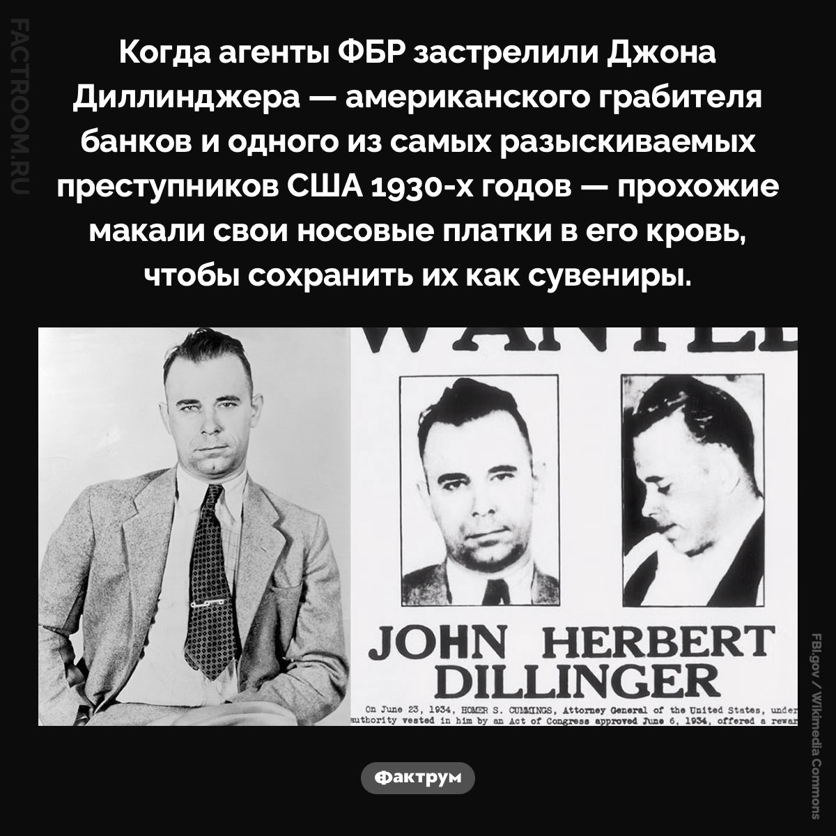 Кровь Джона Диллинджера. Когда агенты ФБР застрелили Джона Диллинджера — американского грабителя банков и одного из самых разыскиваемых преступников США 1930-х годов — прохожие макали свои носовые платки в его кровь, чтобы сохранить их как сувениры.