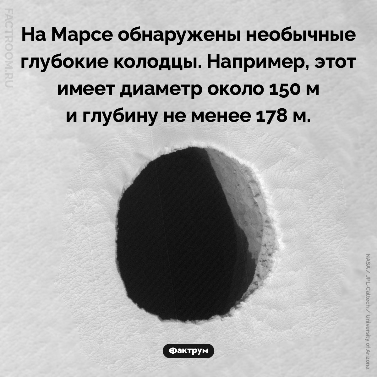Марсианские колодцы. На Марсе обнаружены необычные глубокие колодцы. Например, этот имеет диаметр около 150 м и глубину не менее 178 м.