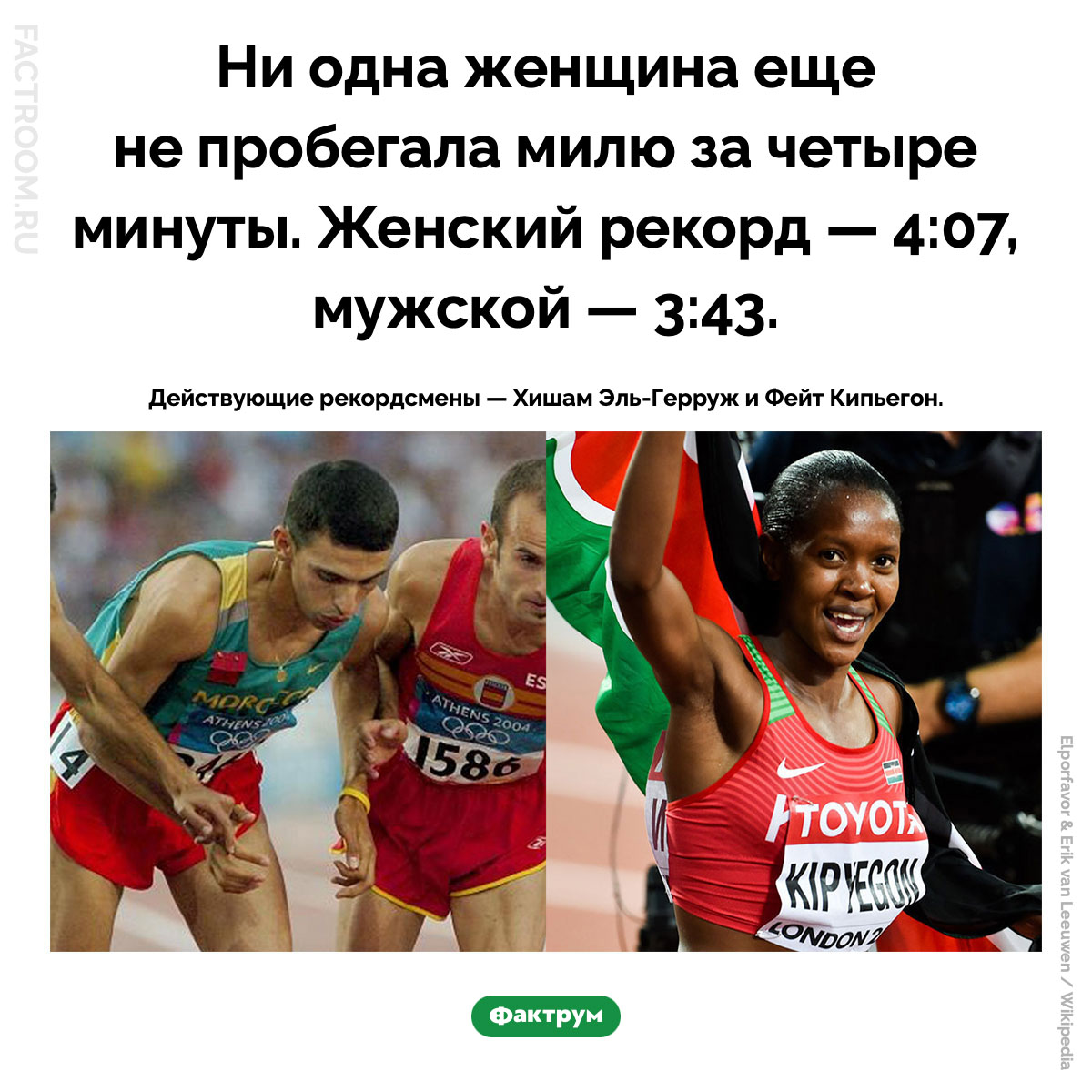 Миля за четыре минуты. Ни одна женщина еще не пробегала милю за четыре минуты. Женский рекорд — 4:07, мужской — 3:43.