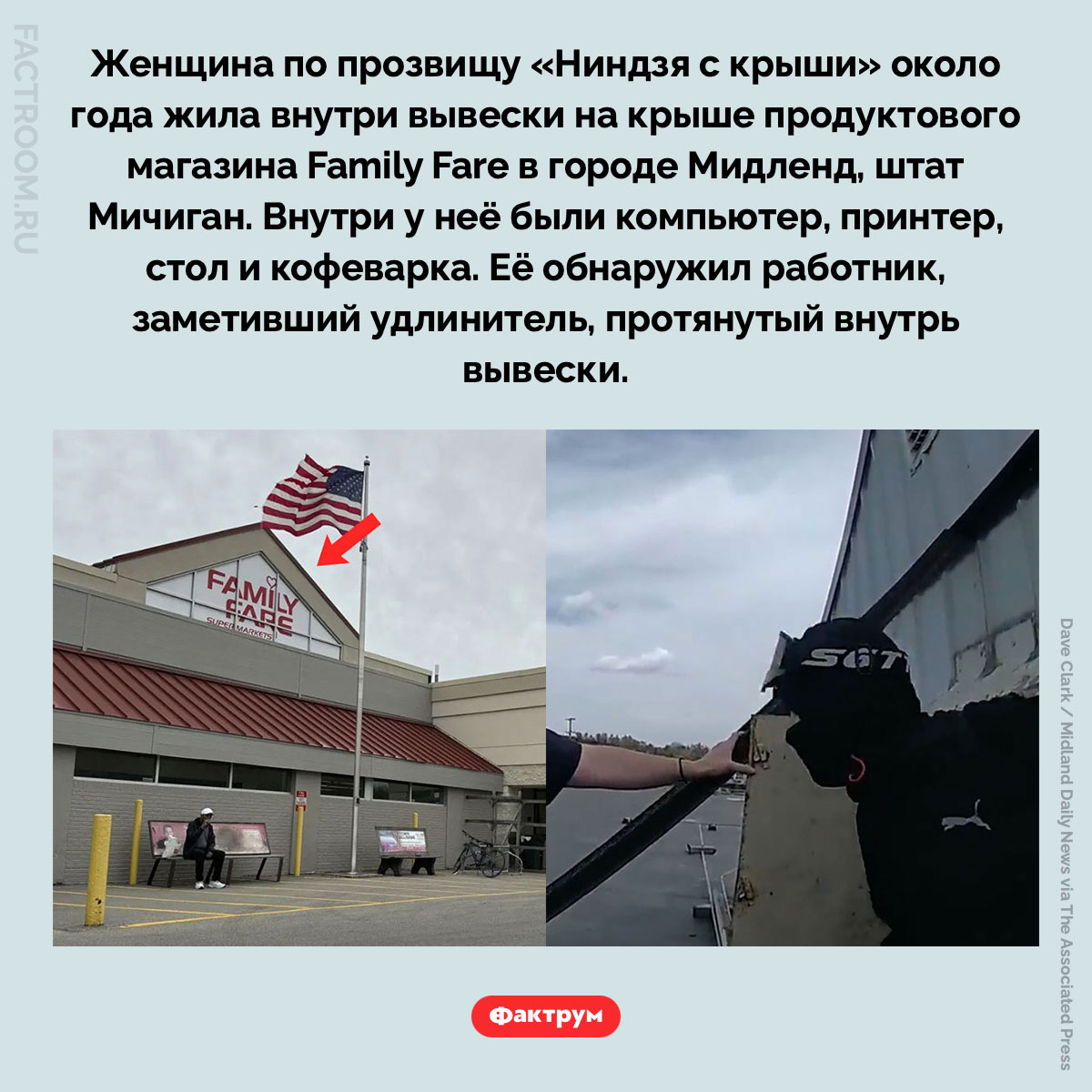 Ниндзя с крыши. Женщина по прозвищу «Ниндзя с крыши» около года жила внутри вывески на крыше продуктового магазина Family Fare в городе Мидленд, штат Мичиган. Внутри у неё были компьютер, принтер, стол и кофеварка. Её обнаружил работник, заметивший удлинитель, протянутый внутрь вывески.