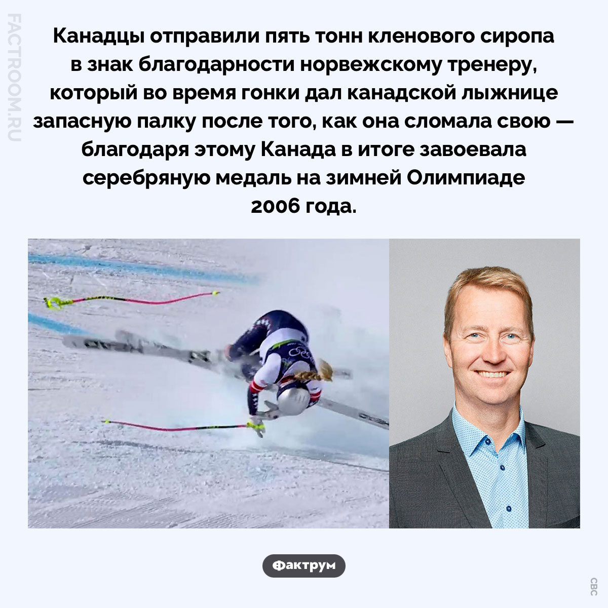 Пять тонн кленового сиропа. Канадцы отправили пять тонн кленового сиропа в знак благодарности норвежскому тренеру, который во время гонки дал канадской лыжнице запасную палку после того, как она сломала свою — благодаря этому Канада в итоге завоевала серебряную медаль на зимней Олимпиаде 2006 года.