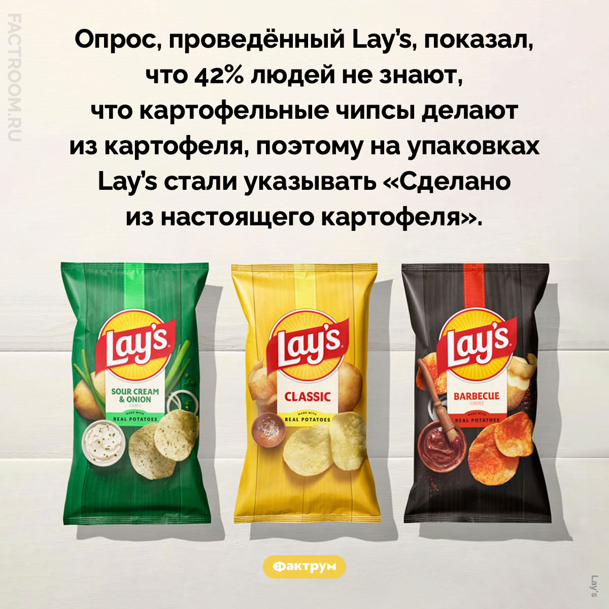 «Сделано из настоящего картофеля». Опрос, проведённый Lay’s, показал, что 42% людей не знают, что картофельные чипсы делают из картофеля, поэтому на упаковках Lay’s стали указывать «Сделано из настоящего картофеля».
