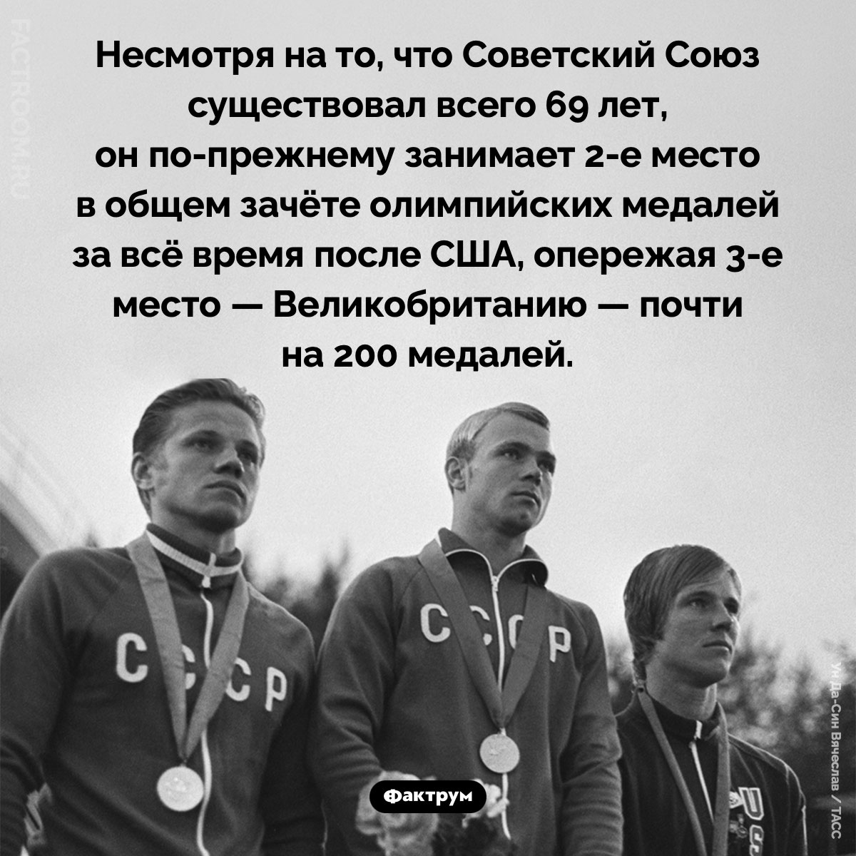 Советский Союз по-прежнему занимает 2-е место в общем зачёте олимпийских медалей. Несмотря на то, что Советский Союз существовал всего 69 лет, он по-прежнему занимает 2-е место в общем зачёте олимпийских медалей за всё время после США, опережая 3-е место — Великобританию — почти на 200 медалей.