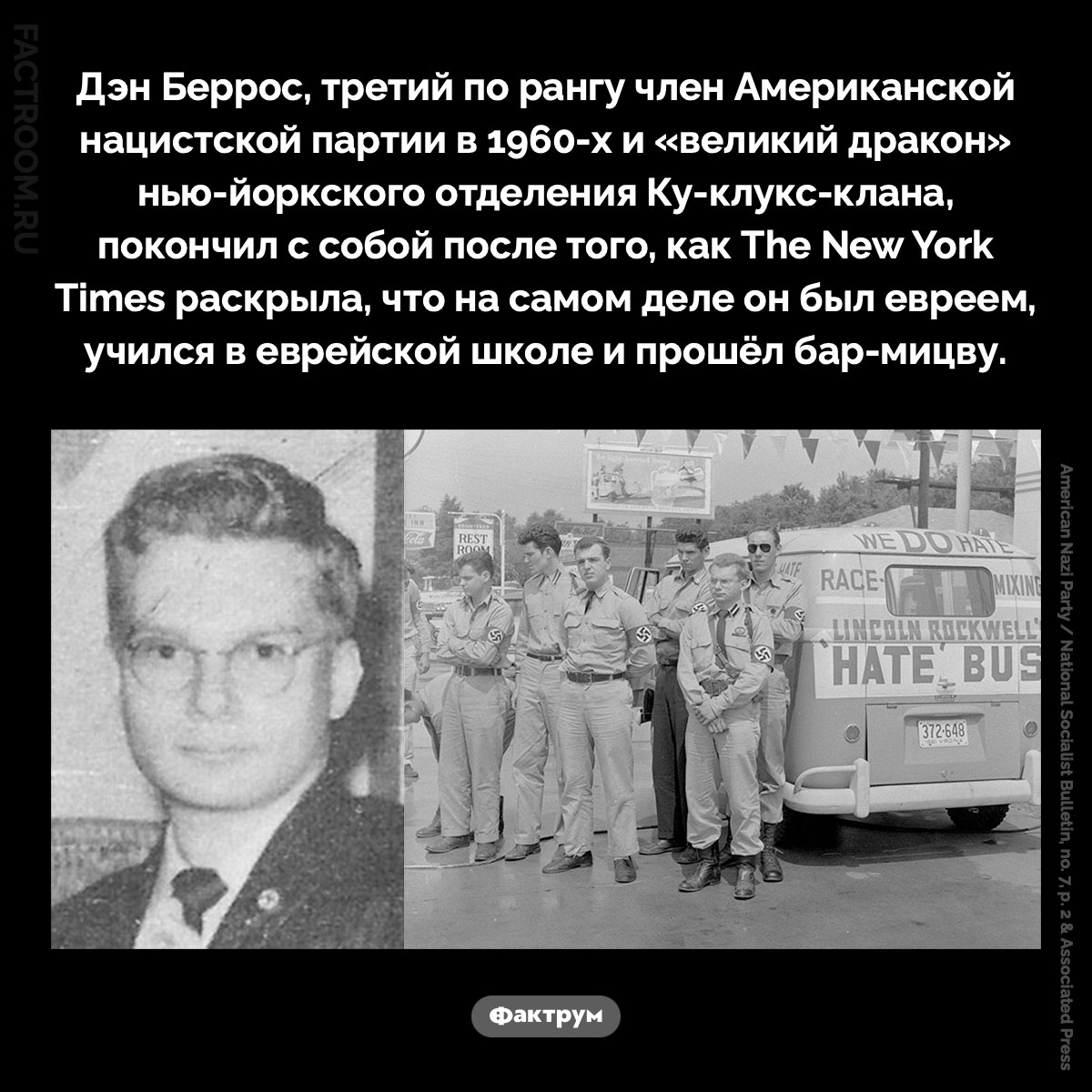 «Великий дракон» Дэн Беррос. Дэн Беррос, третий по рангу член Американской нацистской партии в 1960-х и «великий дракон» нью-йоркского отделения Ку-клукс-клана, покончил с собой после того, как The New York Times раскрыла, что на самом деле он был евреем, учился в еврейской школе и прошёл бар-мицву.