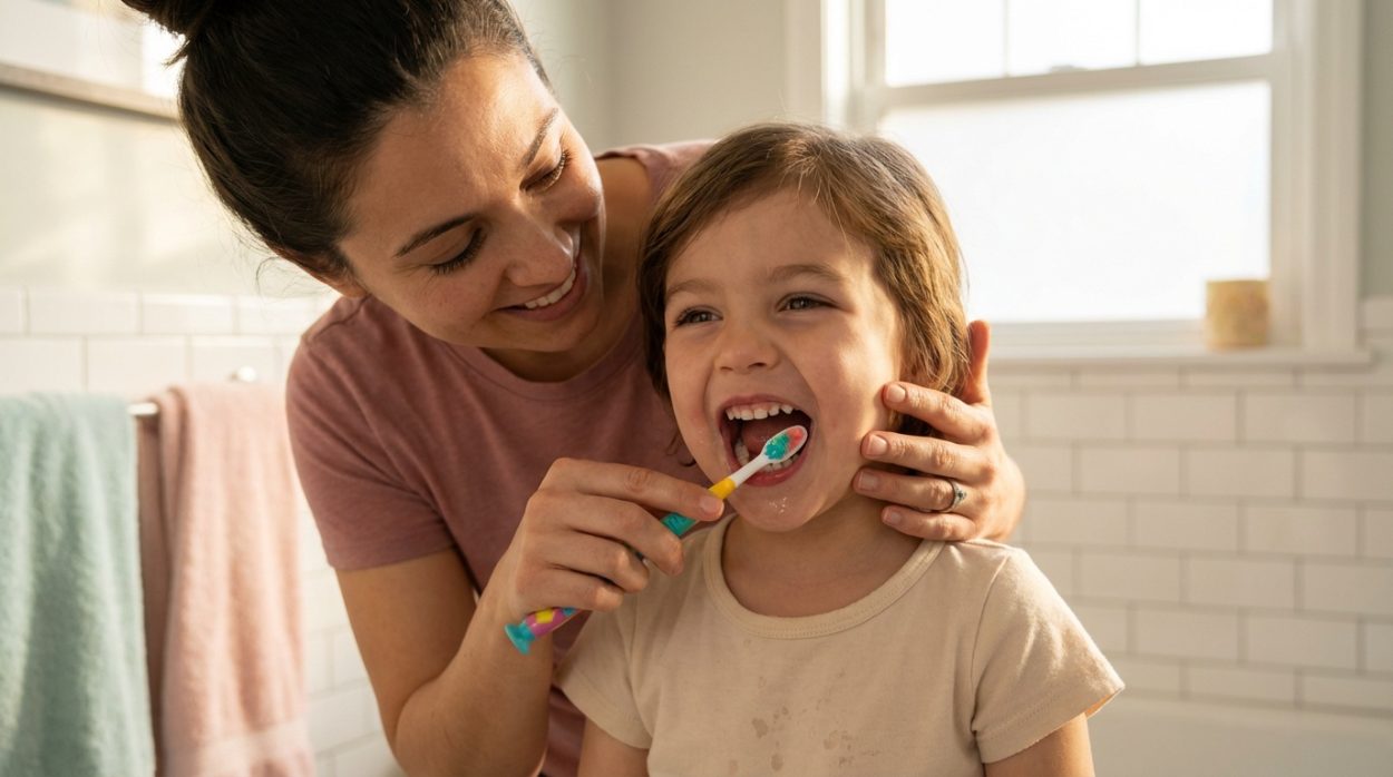 Чистка зубов у ребенка под контролем взрослого с мягкой щеткой