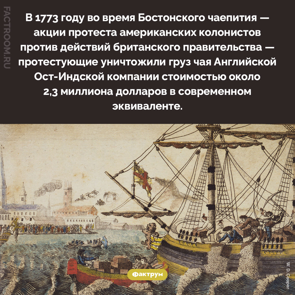 Бостонское чаепитие. В 1773 году во время Бостонского чаепития — акции протеста американских колонистов против действий британского правительства — протестующие уничтожили груз чая Английской Ост-Индской компании стоимостью около 2,3 миллиона долларов в современном эквиваленте.