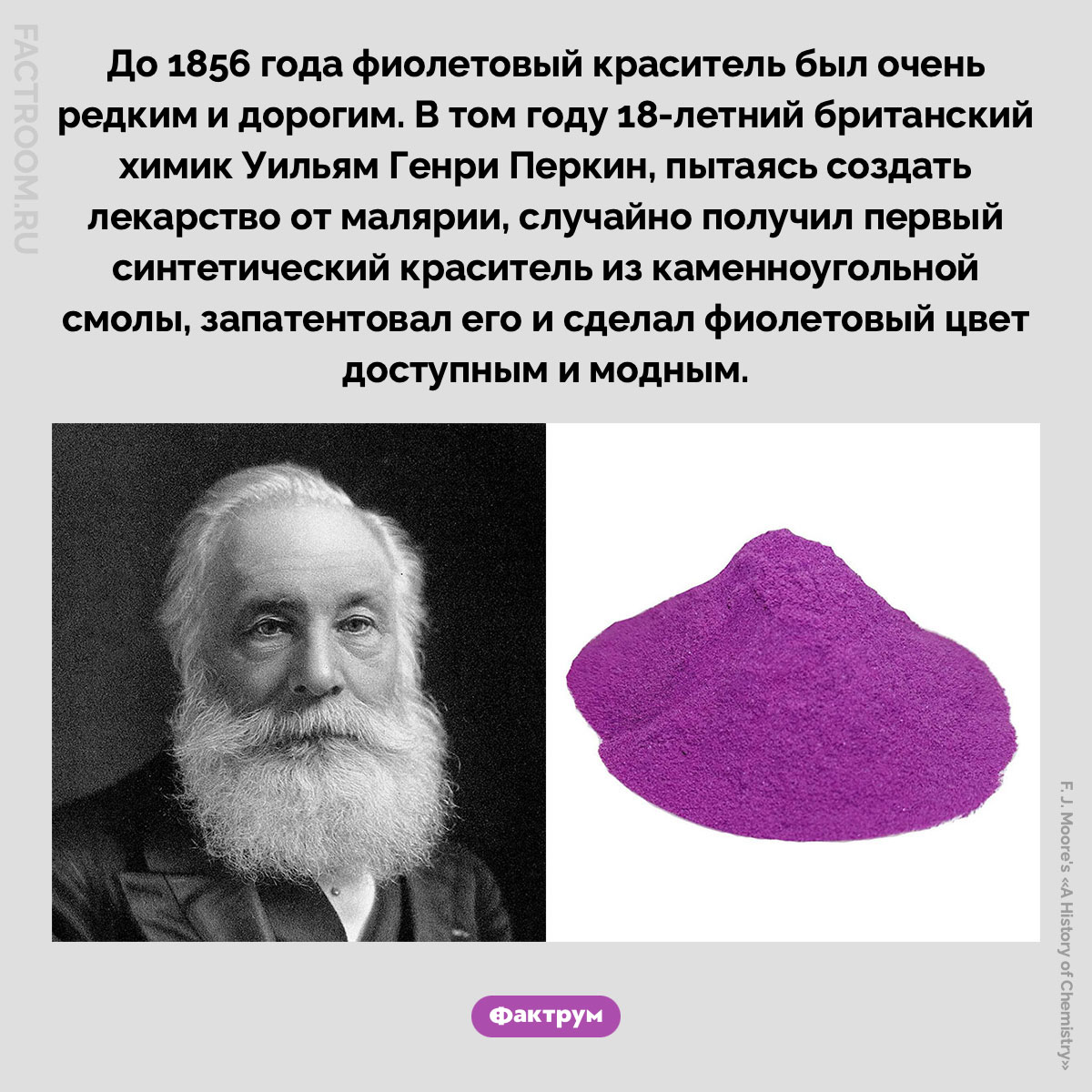 Фиолетовый краситель. До 1856 года фиолетовый краситель был очень редким и дорогим. В том году 18-летний британский химик Уильям Генри Перкин, пытаясь создать лекарство от малярии, случайно получил первый синтетический краситель из каменноугольной смолы, запатентовал его и сделал фиолетовый цвет доступным и модным.