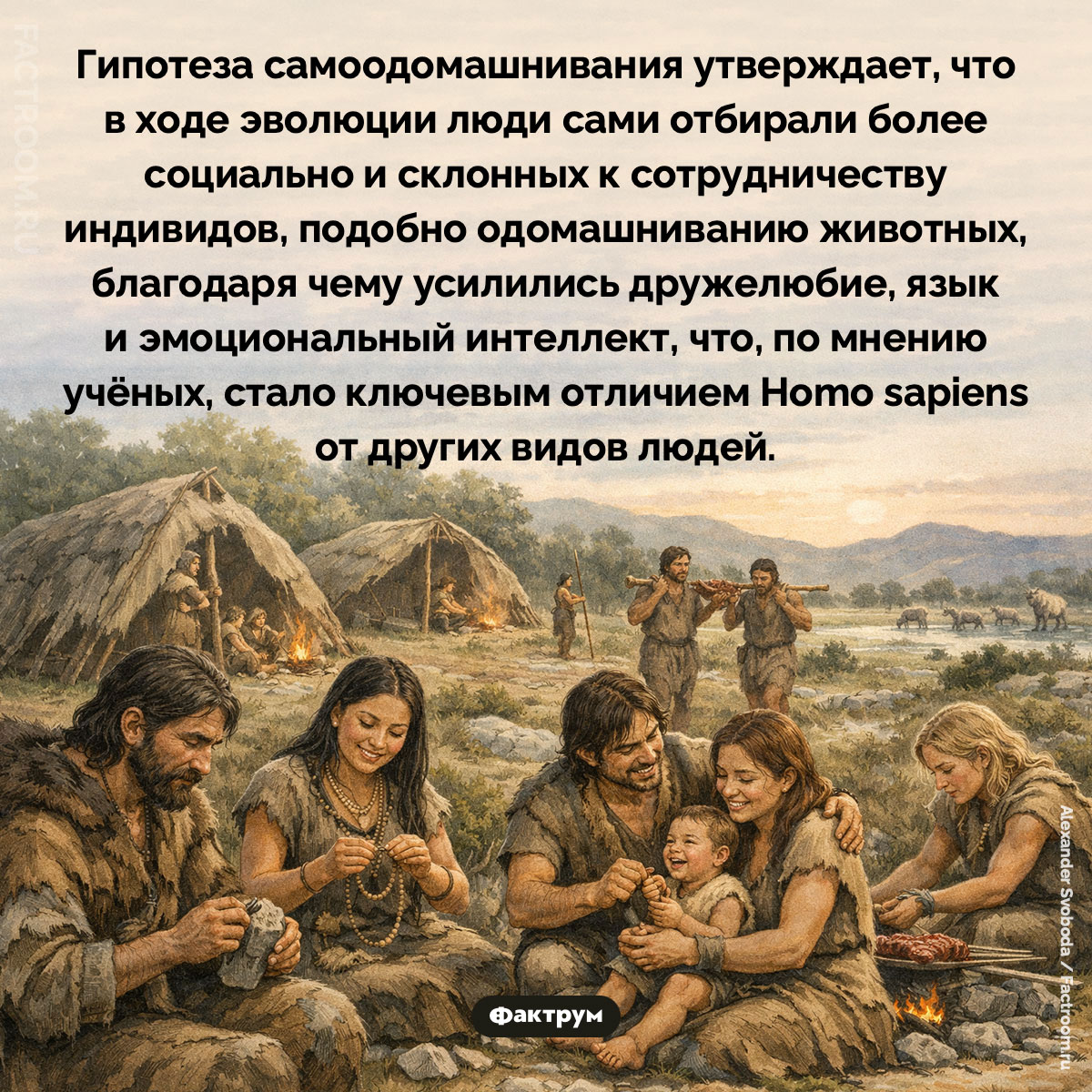 Гипотеза самоодомашнивания. Гипотеза самоодомашнивания утверждает, что в ходе эволюции люди сами отбирали более социально и склонных к сотрудничеству индивидов, подобно одомашниванию животных, благодаря чему усилились дружелюбие, язык и эмоциональный интеллект, что, по мнению учёных, стало ключевым отличием Homo sapiens от других видов людей.