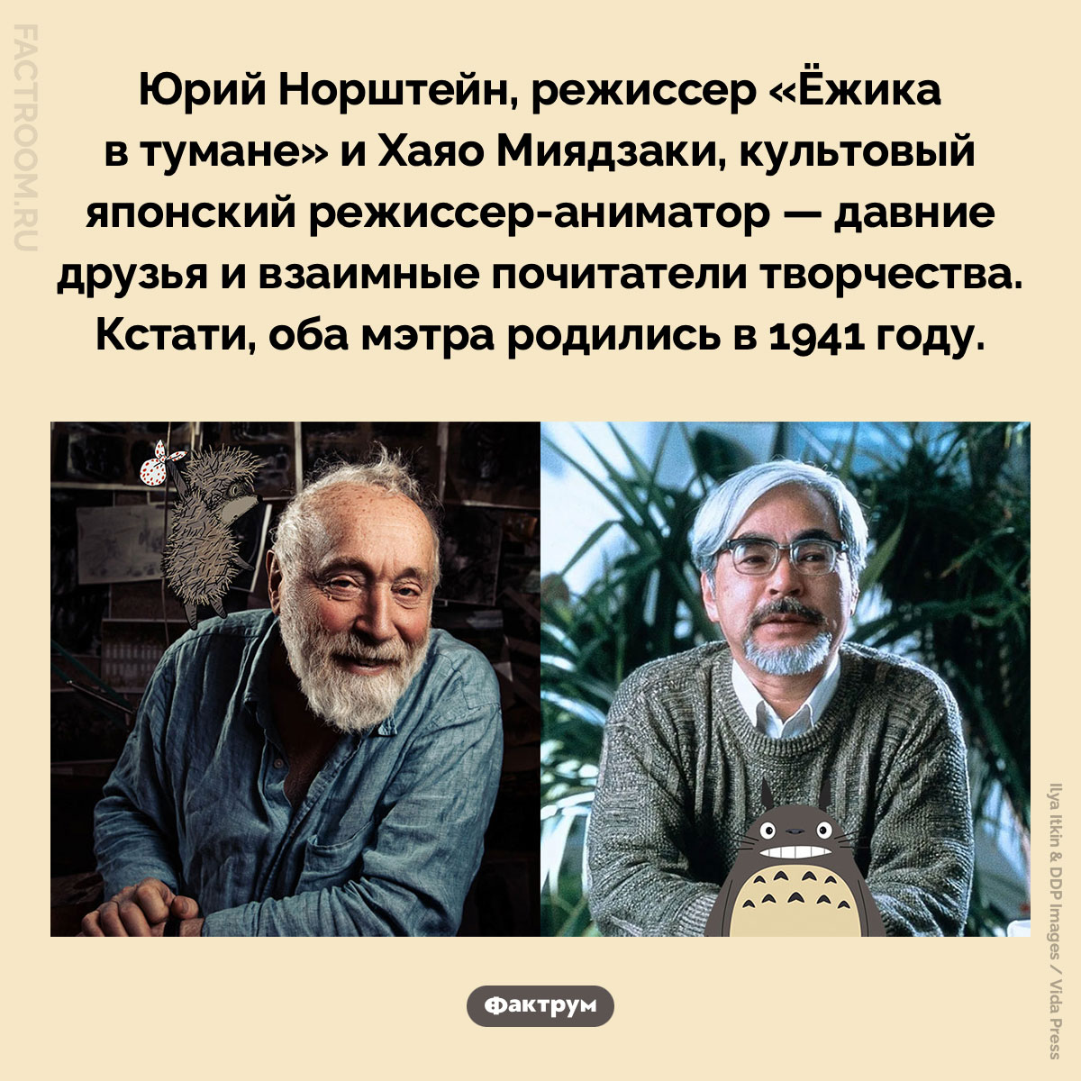 Норштейн и Миядзаки — друзья. Юрий Норштейн, режиссер «Ёжика в тумане» и Хаяо Миядзаки, культовый японский режиссер-аниматор — давние друзья и взаимные почитатели творчества. Кстати, оба мэтра родились в 1941 году.