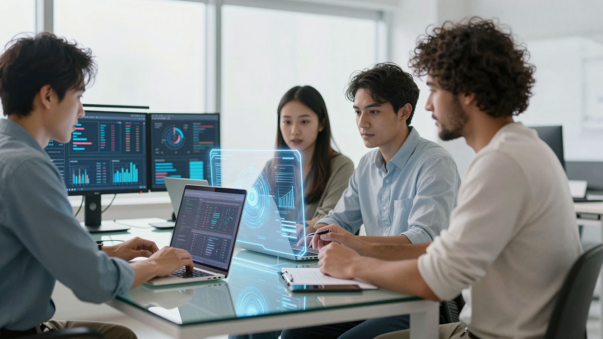 Вступительный блок: команда маркетинга взаимодействует с нейросетью-дизайнером в светлом современном офисе, на столе ноутбук и голографика, без текста.