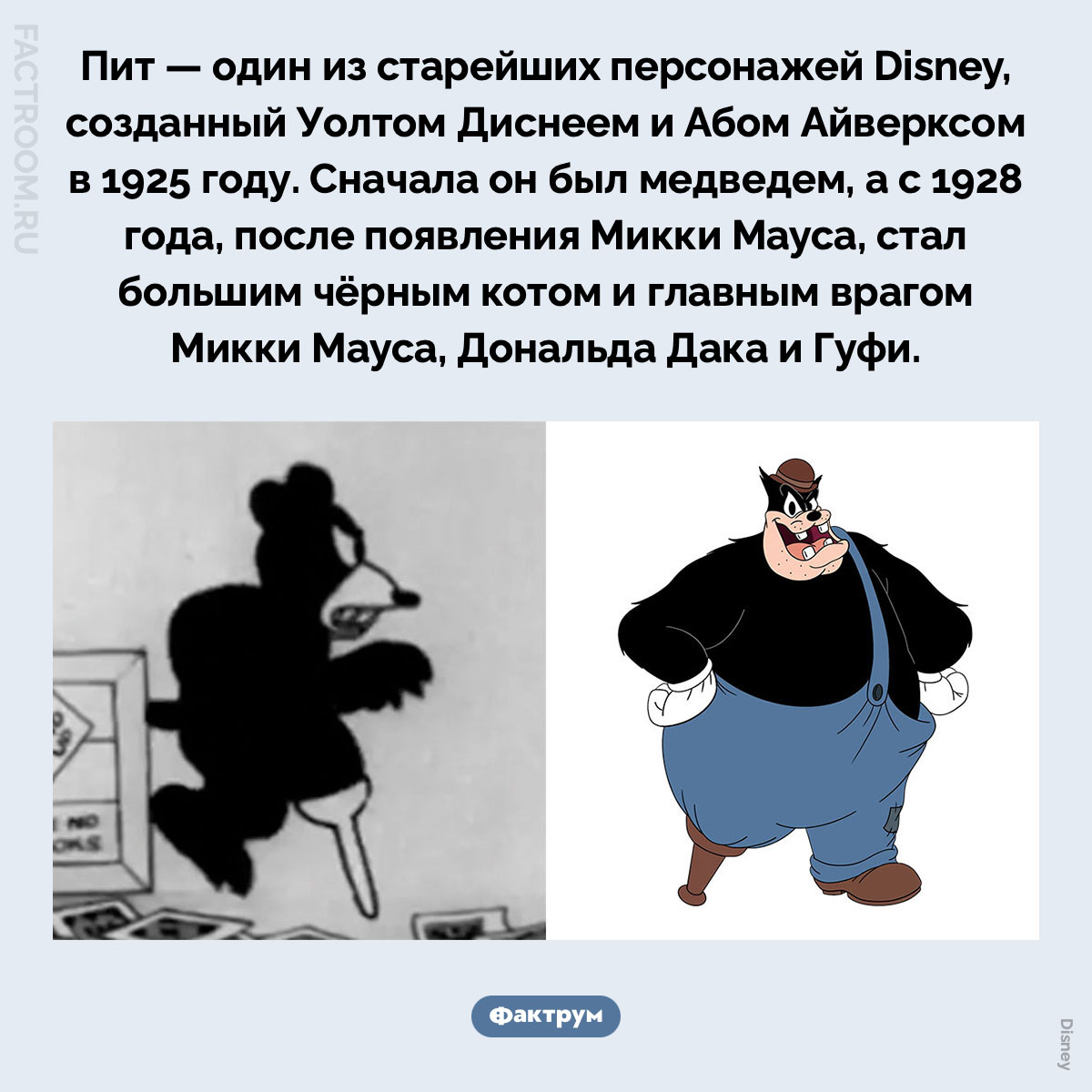 Пит — один из старейших персонажей Disney. Пит — один из старейших персонажей Disney, созданный Уолтом Диснеем и Абом Айверксом в 1925 году. Сначала он был медведем, а с 1928 года, после появления Микки Мауса, стал большим чёрным котом и главным врагом Микки Мауса, Дональда Дака и Гуфи.