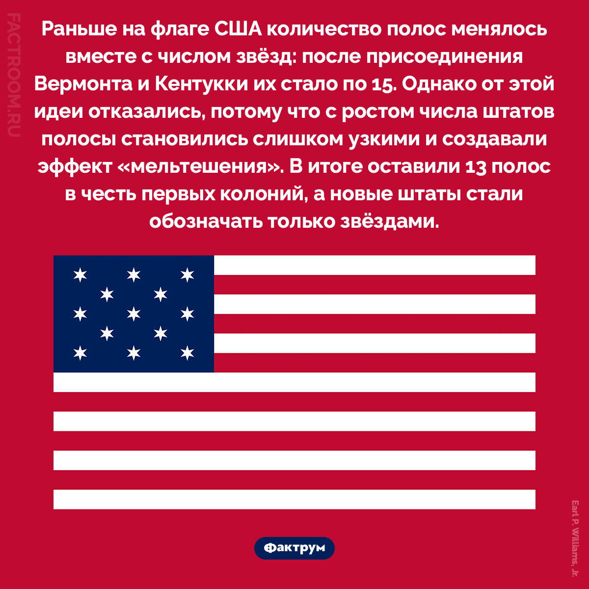 Полосы и звёзды. Раньше на флаге США количество полос менялось вместе с числом звёзд: после присоединения Вермонта и Кентукки их стало по 15. Однако от этой идеи отказались, потому что с ростом числа штатов полосы становились слишком узкими и создавали эффект «мельтешения». В итоге оставили 13 полос в честь первых колоний, а новые штаты стали обозначать только звёздами.