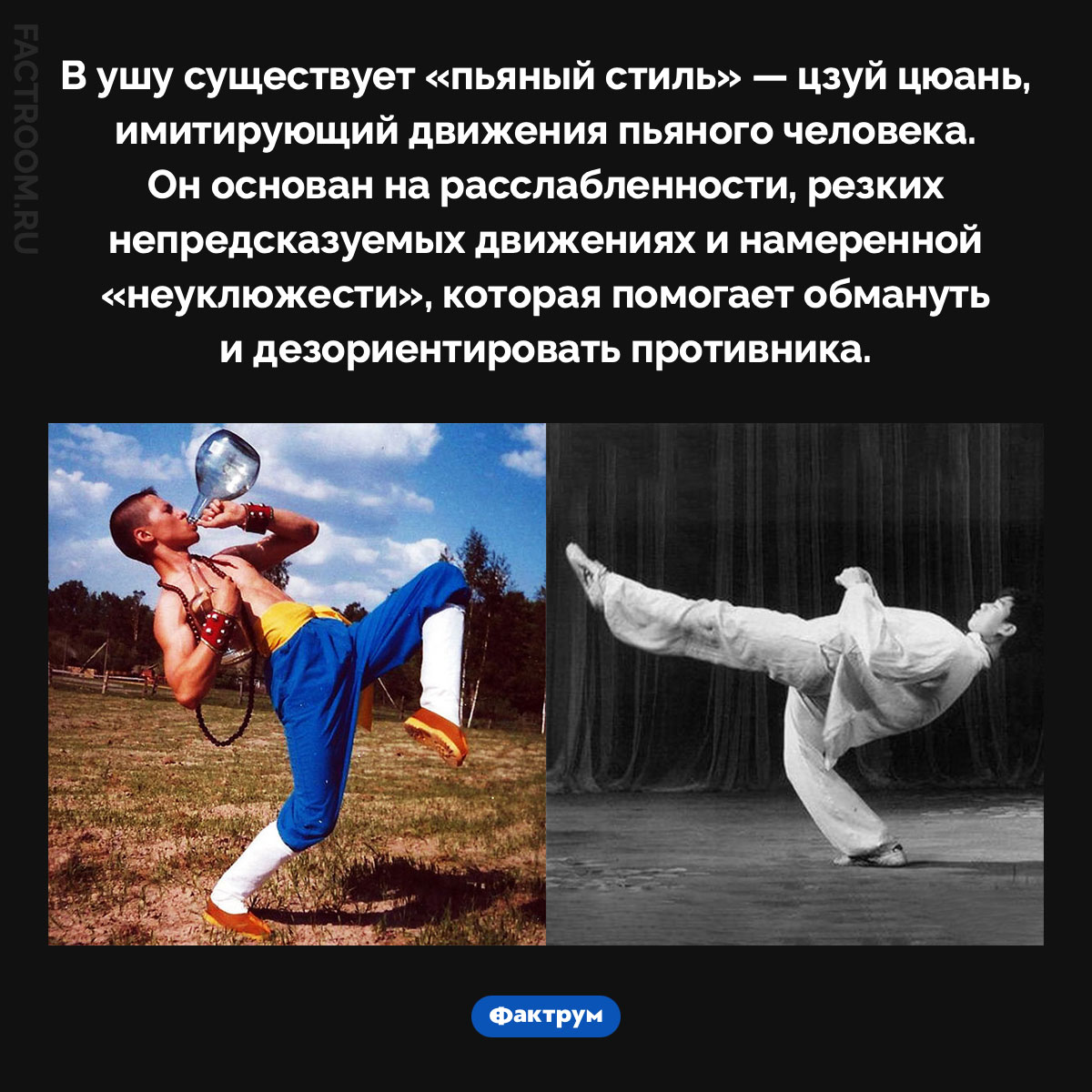 Пьяный стиль. В ушу существует «пьяный стиль» — цзуй цюань, имитирующий движения пьяного человека. Он основан на расслабленности, резких непредсказуемых движениях и намеренной «неуклюжести», которая помогает обмануть и дезориентировать противника.