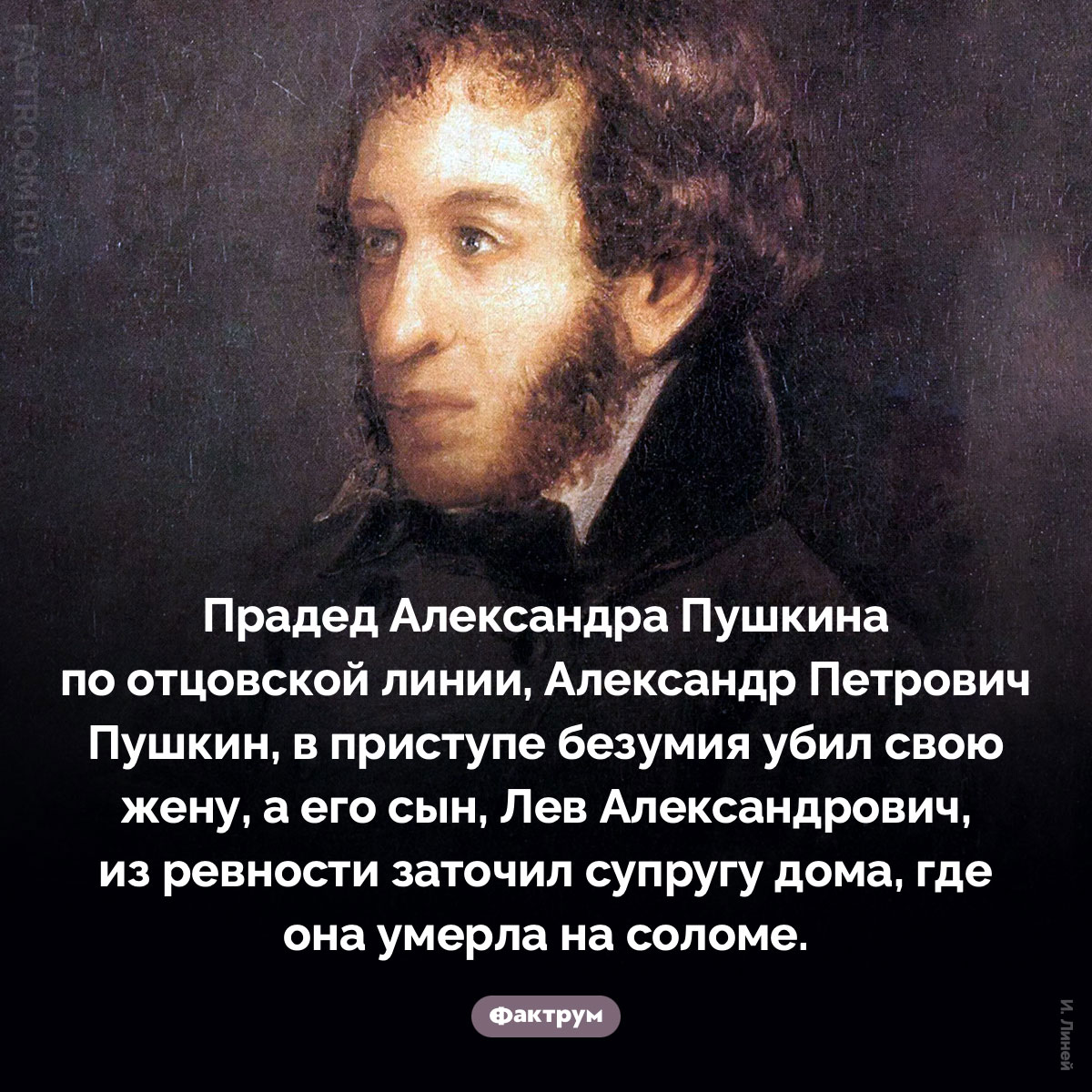 Родственники Пушкина. Прадед Александра Пушкина по отцовской линии, Александр Петрович Пушкин, в приступе безумия убил свою жену, а его сын, Лев Александрович, из ревности заточил супругу дома, где она умерла на соломе.