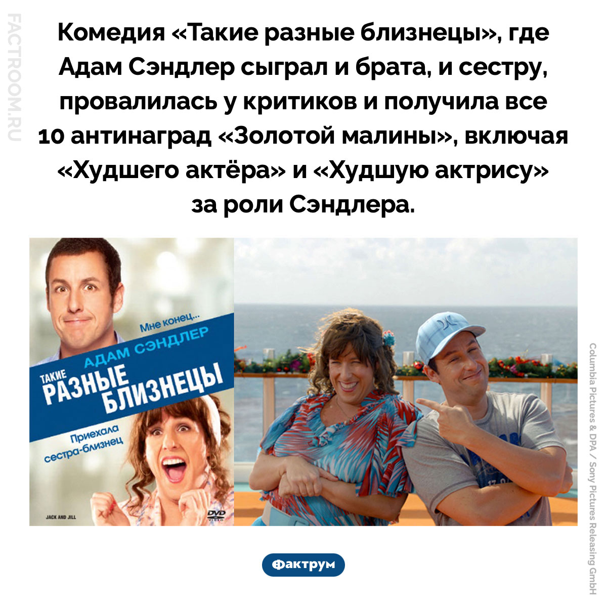 «Такие разные близнецы». Комедия «Такие разные близнецы», где Адам Сэндлер сыграл и брата, и сестру, провалилась у критиков и получила все 10 антинаград «Золотой малины», включая «Худшего актёра» и «Худшую актрису» за роли Сэндлера.