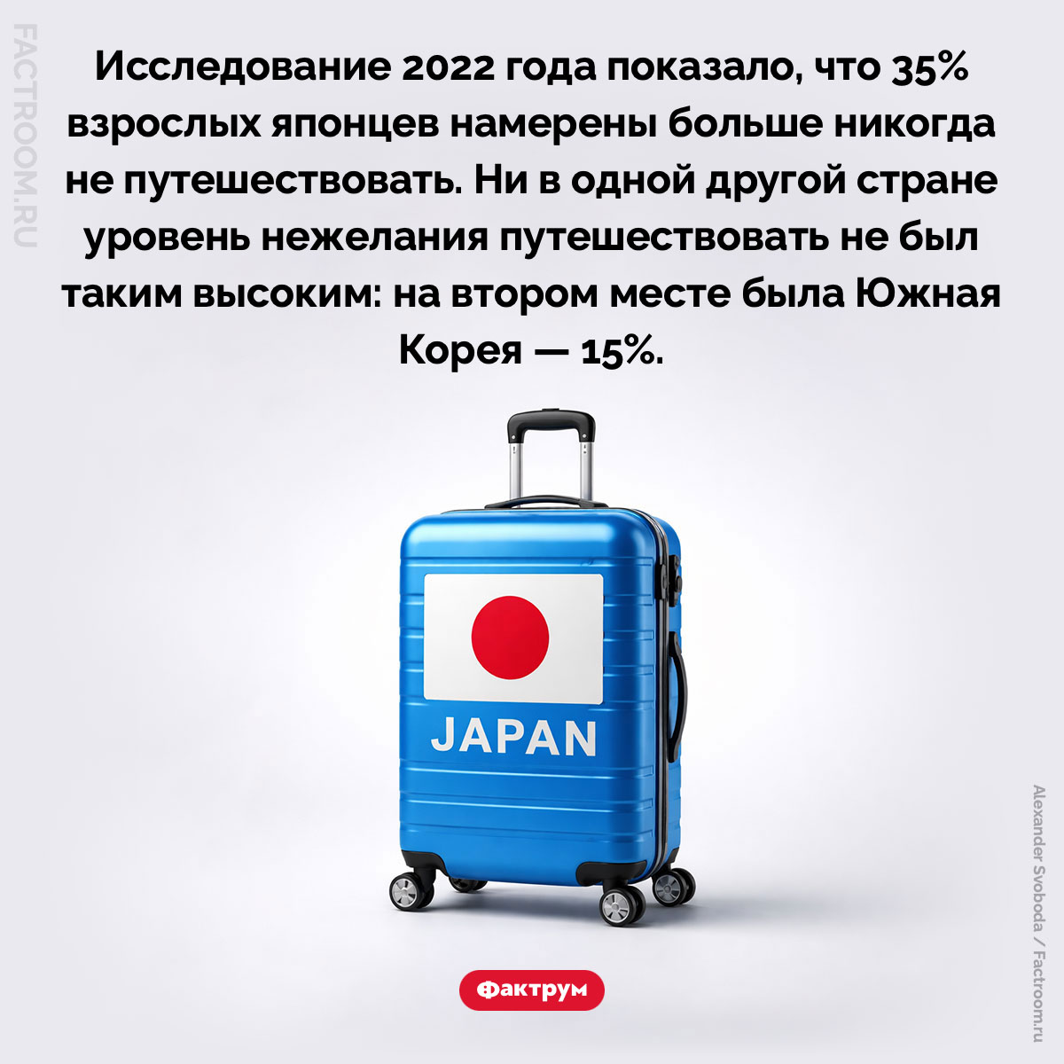 Японцы не хотят путешествовать. Исследование 2022 года показало, что 35% взрослых японцев намерены больше никогда не путешествовать. Ни в одной другой стране уровень нежелания путешествовать не был таким высоким: на втором месте была Южная Корея — 15%.