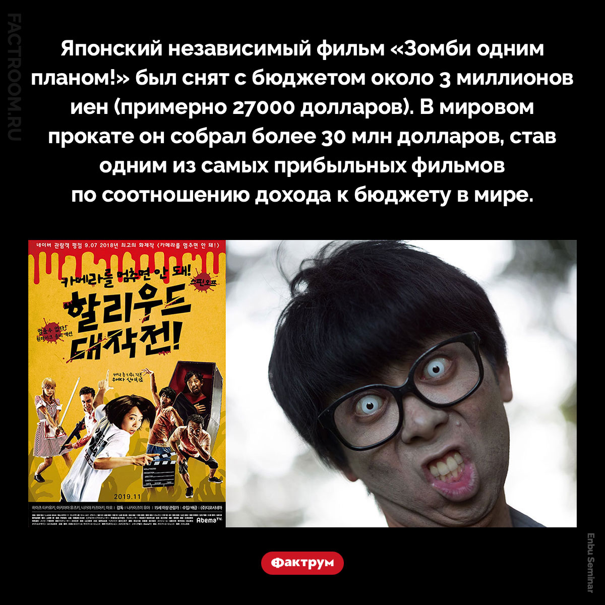 «Зомби одним планом!». Японский независимый фильм «Зомби одним планом!» был снят с бюджетом около 3 миллионов иен (примерно 27000 долларов). В мировом прокате он собрал более 30 млн долларов, став одним из самых прибыльных фильмов по соотношению дохода к бюджету в мире.