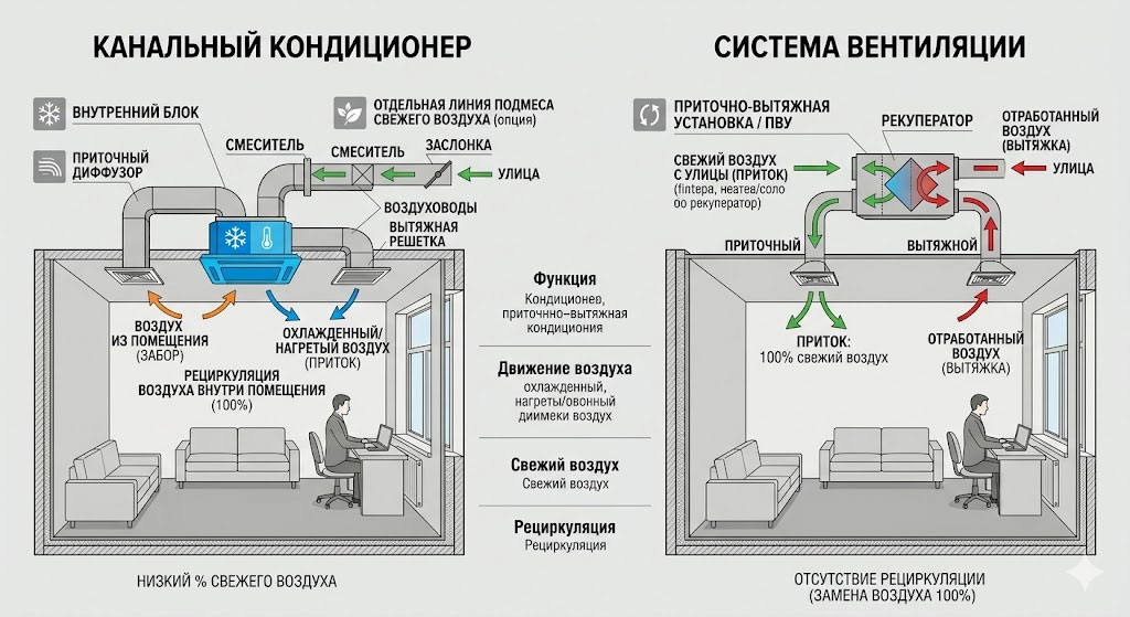 Разница между канальным кондиционером и системой вентиляции