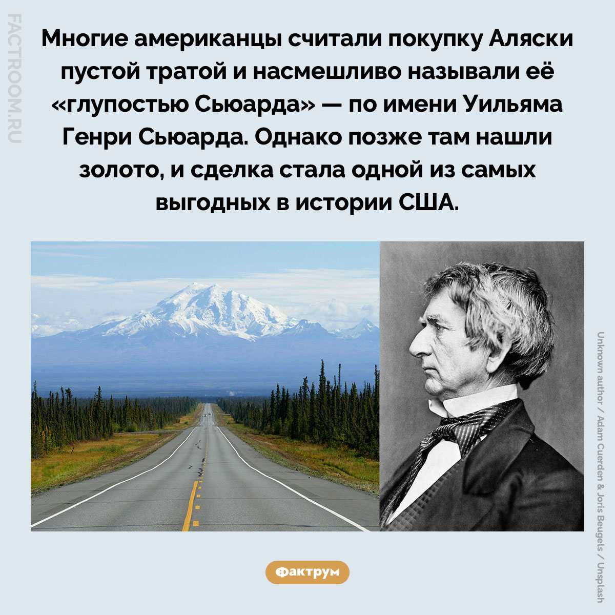 «Глупость Сьюарда». Многие американцы считали покупку Аляски пустой тратой и насмешливо называли её «глупостью Сьюарда» — по имени Уильяма Генри Сьюарда. Однако позже там нашли золото, и сделка стала одной из самых выгодных в истории США.