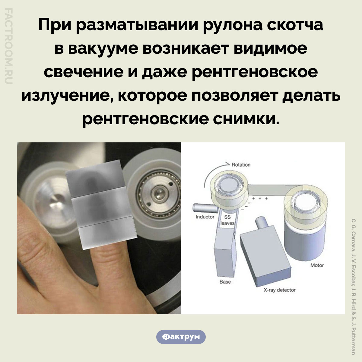 Рентгеновский снимок при помощи скотча. При разматывании рулона скотча в вакууме возникает видимое свечение и даже рентгеновское излучение, которое позволяет делать рентгеновские снимки.
