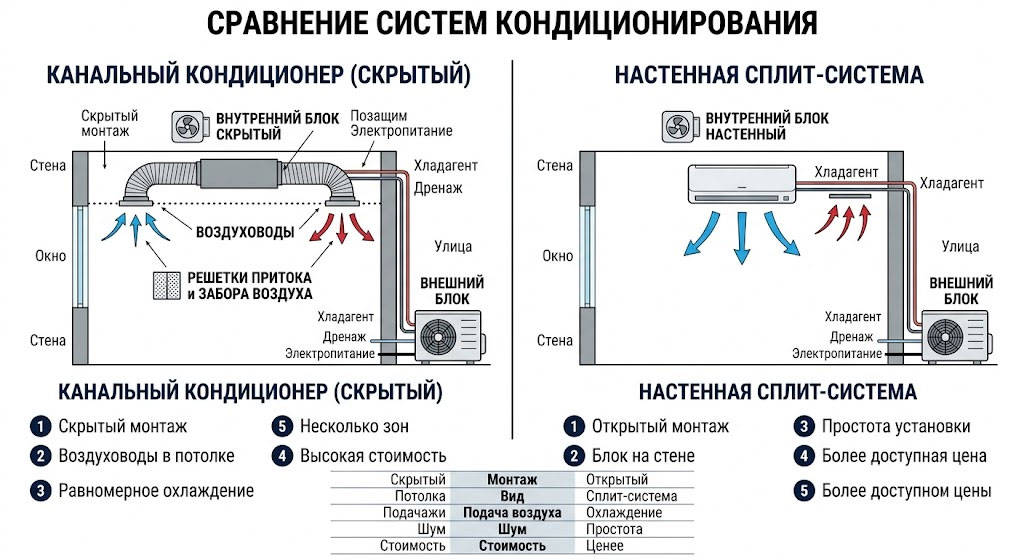 Сравнение канального кондиционера и настенной сплит-системы