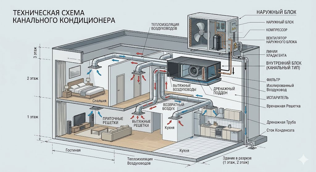 Устройство канального кондиционера с внутренним и наружным блоком