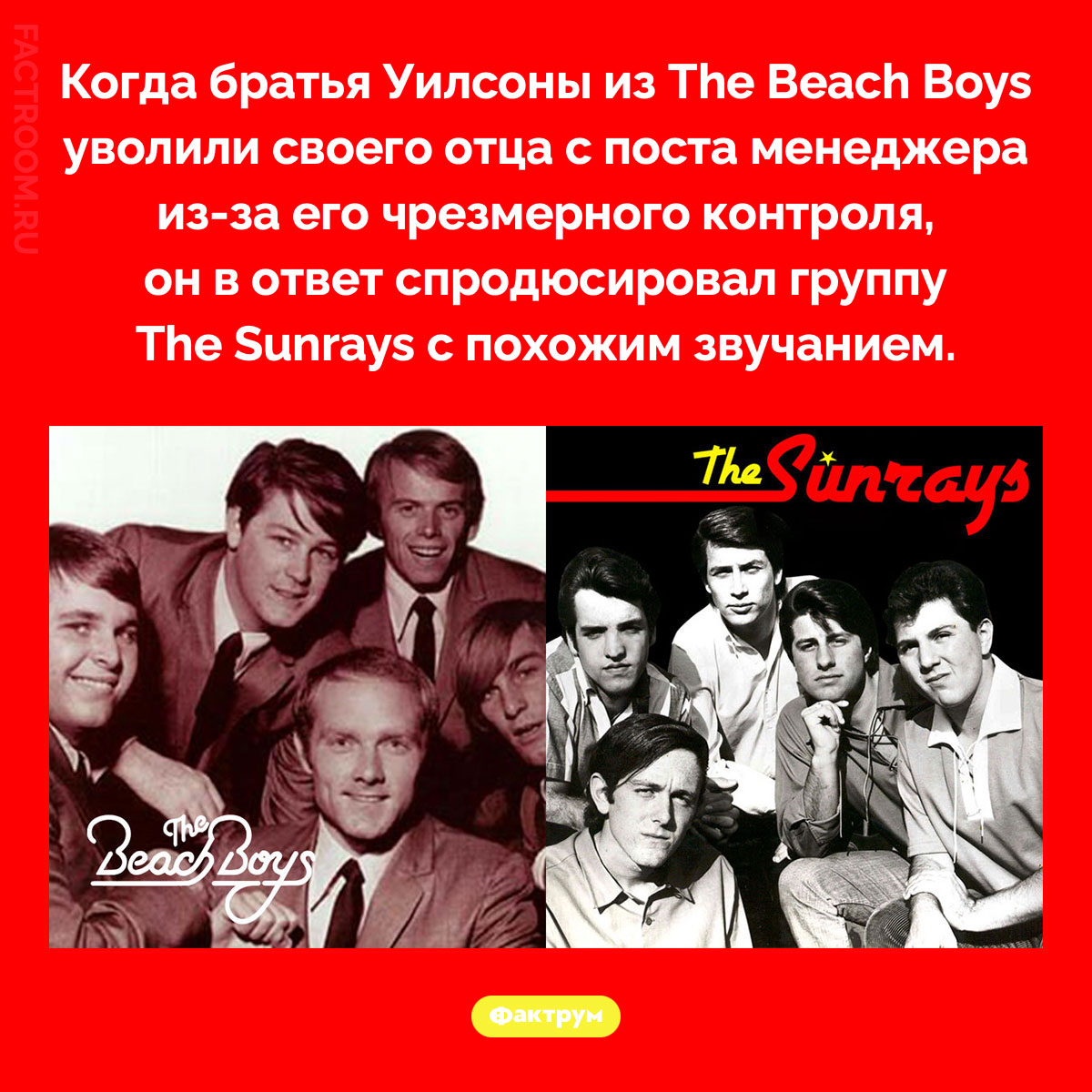 The Beach Boys & The Sunrays. Когда братья Уилсоны из The Beach Boys уволили своего отца с поста менеджера из-за его чрезмерного контроля, он в ответ спродюсировал группу The Sunrays с похожим звучанием.