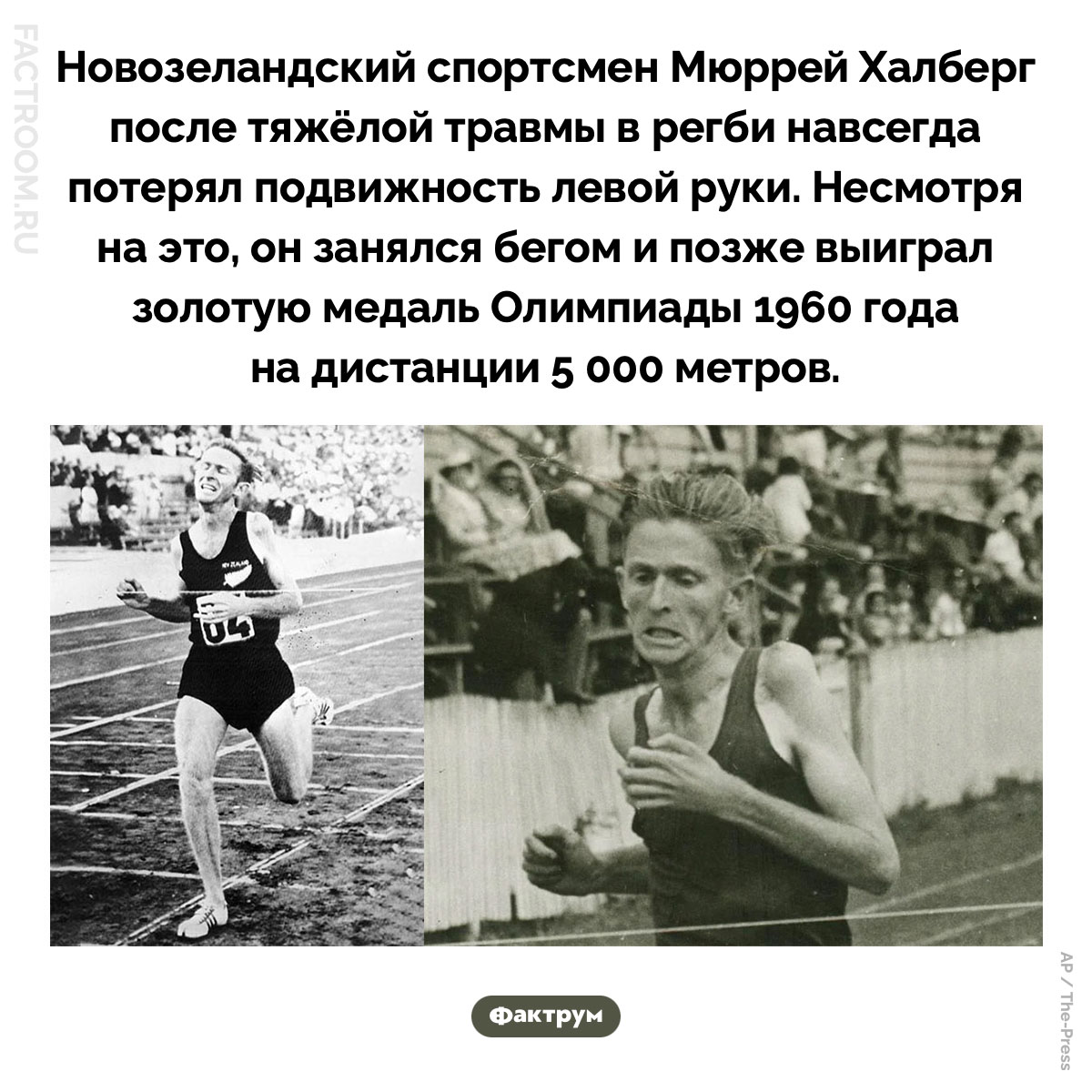 Чемпион Мюррей Халберг. Новозеландский спортсмен Мюррей Халберг после тяжёлой травмы в регби навсегда потерял подвижность левой руки. Несмотря на это, он занялся бегом и позже выиграл золотую медаль Олимпиады 1960 года на дистанции 5 000 метров.