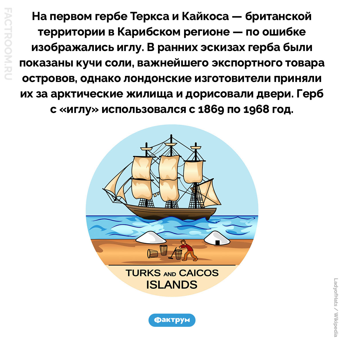 Герб Теркса и Кайкоса. На первом гербе Теркса и Кайкоса — британской территории в Карибском регионе — по ошибке изображались иглу. В ранних эскизах герба были показаны кучи соли, важнейшего экспортного товара островов, однако лондонские изготовители приняли их за арктические жилища и дорисовали двери. Герб с «иглу» использовался с 1869 по 1968 год.