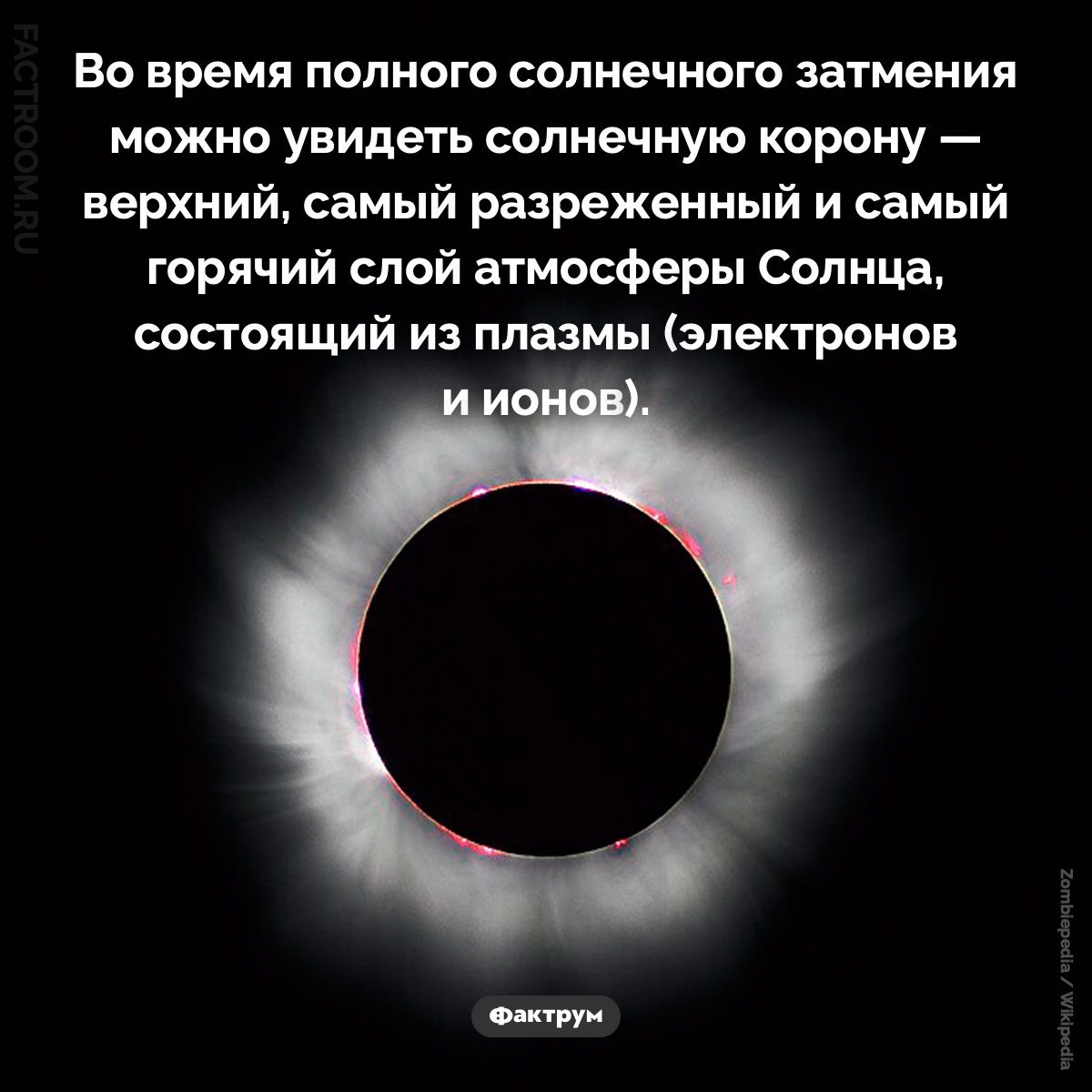 Как увидеть солнечную корону. Во время полного солнечного затмения можно увидеть солнечную корону — верхний, самый разреженный и самый горячий слой атмосферы Солнца, состоящий из плазмы (электронов и ионов).