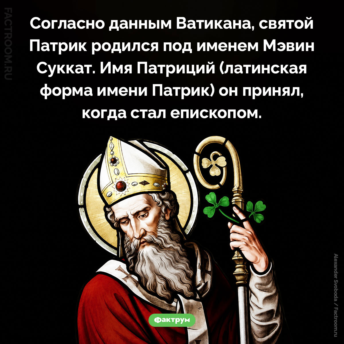 Настоящее имя Святого Патрика. Согласно данным Ватикана, святой Патрик родился под именем Мэвин Суккат. Имя Патриций (латинская форма имени Патрик) он принял, когда стал епископом.