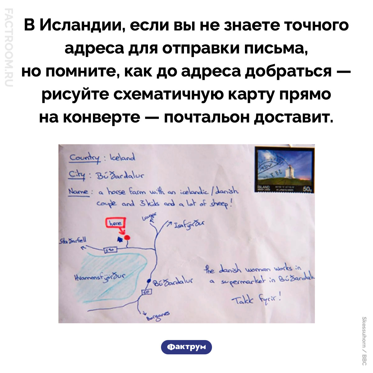Схема вместо адреса на исландских конвертах . В&nbsp;Исландии, если вы&nbsp;не&nbsp;знаете точного адреса для отправки письма, но&nbsp;помните, как до&nbsp;адреса добраться&nbsp;&mdash; рисуйте схематичную карту прямо на&nbsp;конверте&nbsp;&mdash; почтальон доставит.