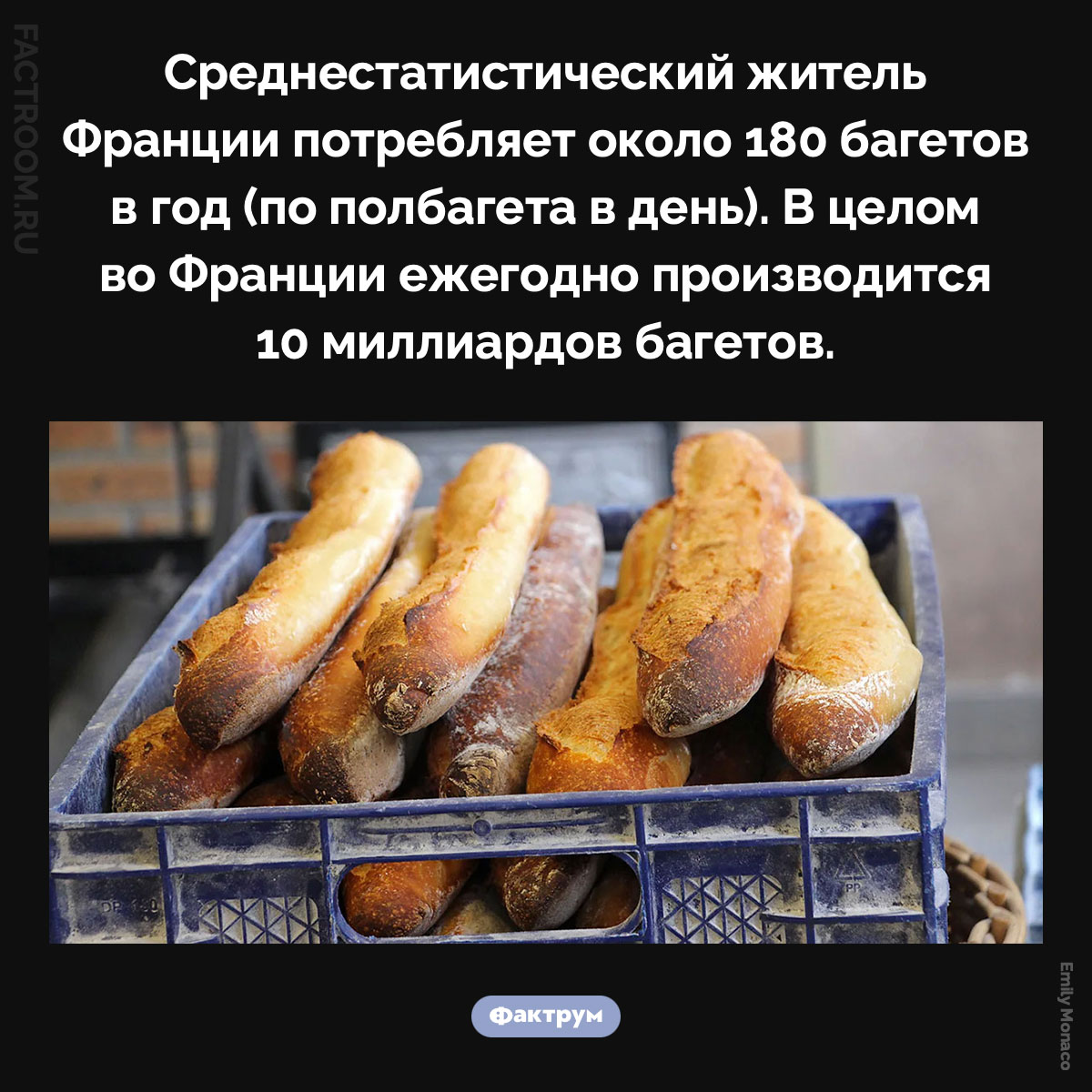 10 миллиардов багетов. Среднестатистический житель Франции потребляет около 180 багетов в год (по полбагета в день). В целом во Франции ежегодно производится 10 миллиардов багетов.