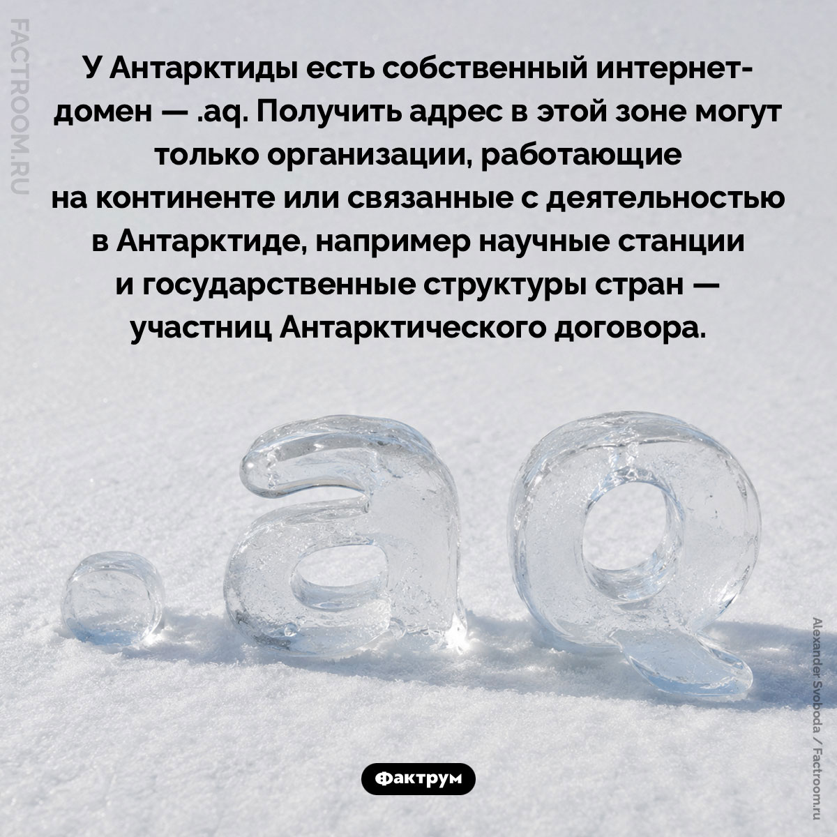 Интернет-домен Антарктиды. У Антарктиды есть собственный интернет-домен — .aq. Получить адрес в этой зоне могут только организации, работающие на континенте или связанные с деятельностью в Антарктиде, например научные станции и государственные структуры стран — участниц Антарктического договора.
