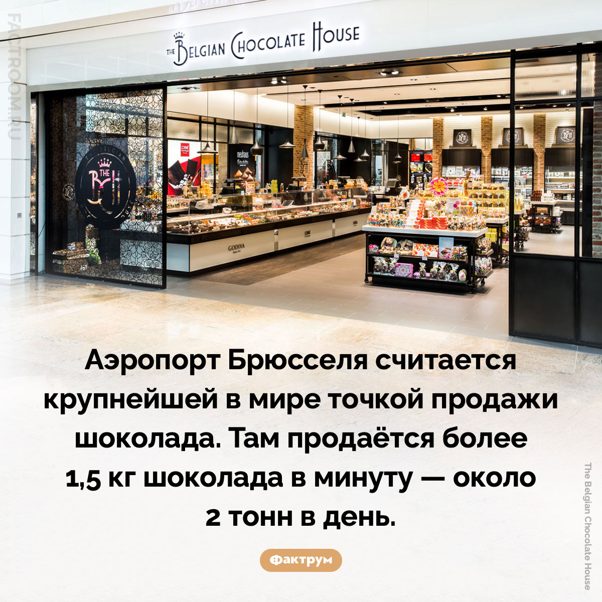 Крупнейшая в мире точка продажи шоколада. Аэропорт Брюсселя считается крупнейшей в мире точкой продажи шоколада. Там продаётся более 1,5 кг шоколада в минуту — около 2 тонн в день.