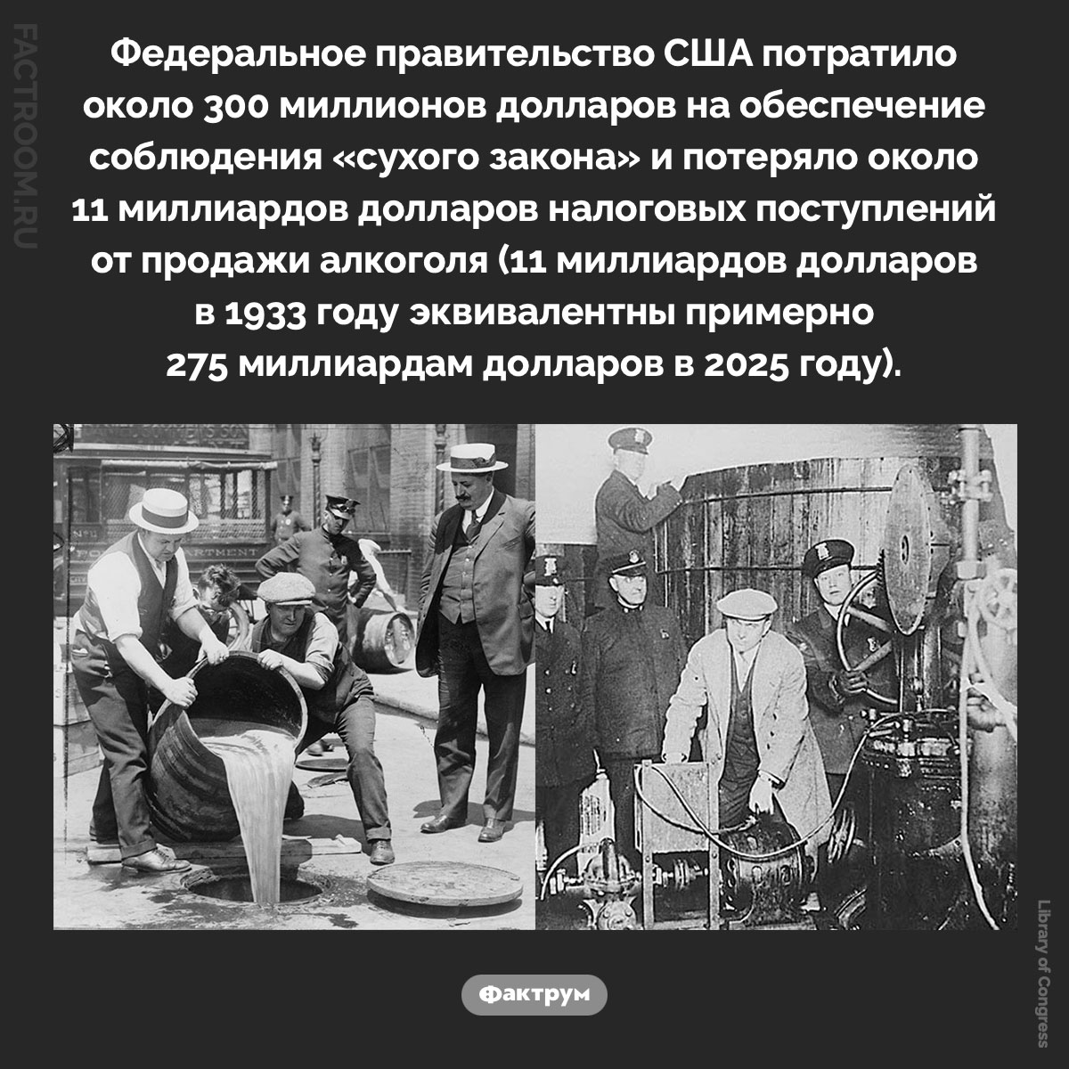 Обеспечение «сухого закона» в США. Федеральное правительство США потратило около 300 миллионов долларов на обеспечение соблюдения «сухого закона» и потеряло около 11 миллиардов долларов налоговых поступлений от продажи алкоголя (11 миллиардов долларов в 1933 году эквивалентны примерно 275 миллиардам долларов в 2025 году).