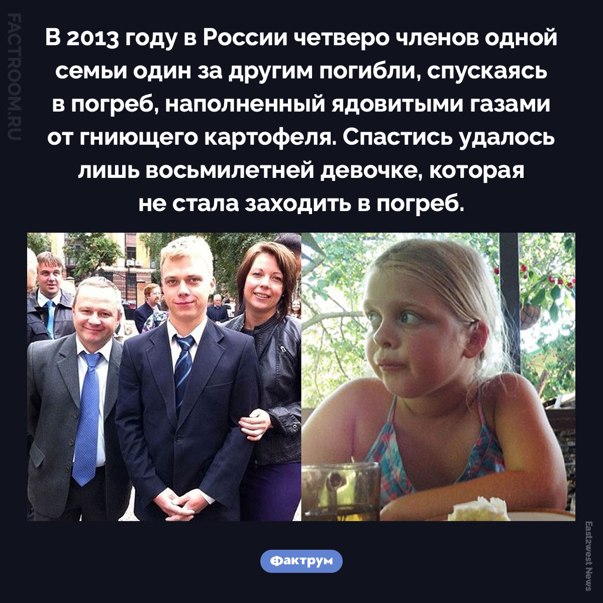 Смерть от картофеля. В 2013 году в России четверо членов одной семьи один за другим погибли, спускаясь в погреб, наполненный ядовитыми газами от гниющего картофеля. Спастись удалось лишь восьмилетней девочке, которая не стала заходить в погреб.