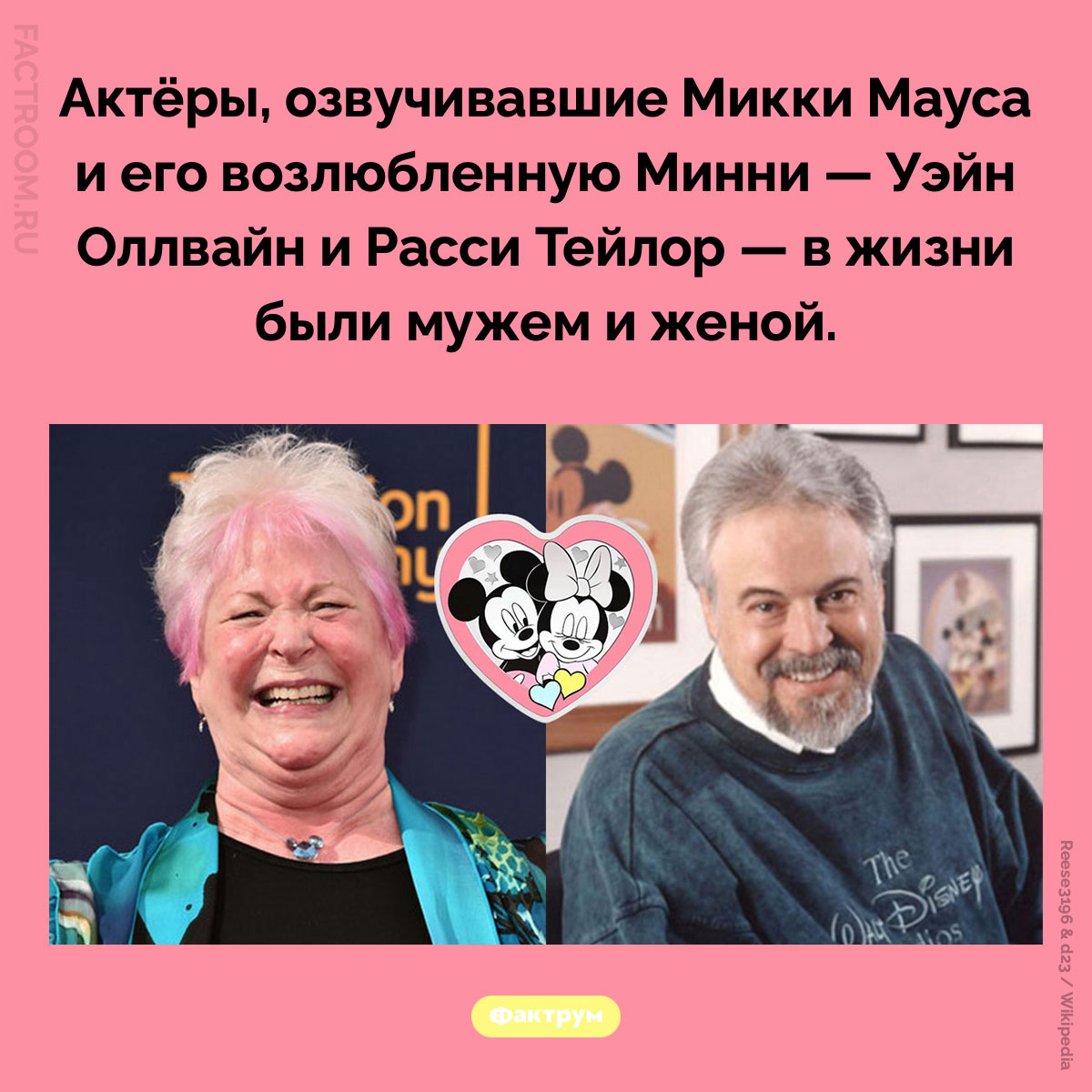 Уэйн Оллвайн и Расси Тейлор. Актёры, озвучивавшие Микки Мауса и его возлюбленную Минни — Уэйн Оллвайн и Расси Тейлор — в жизни были мужем и женой.