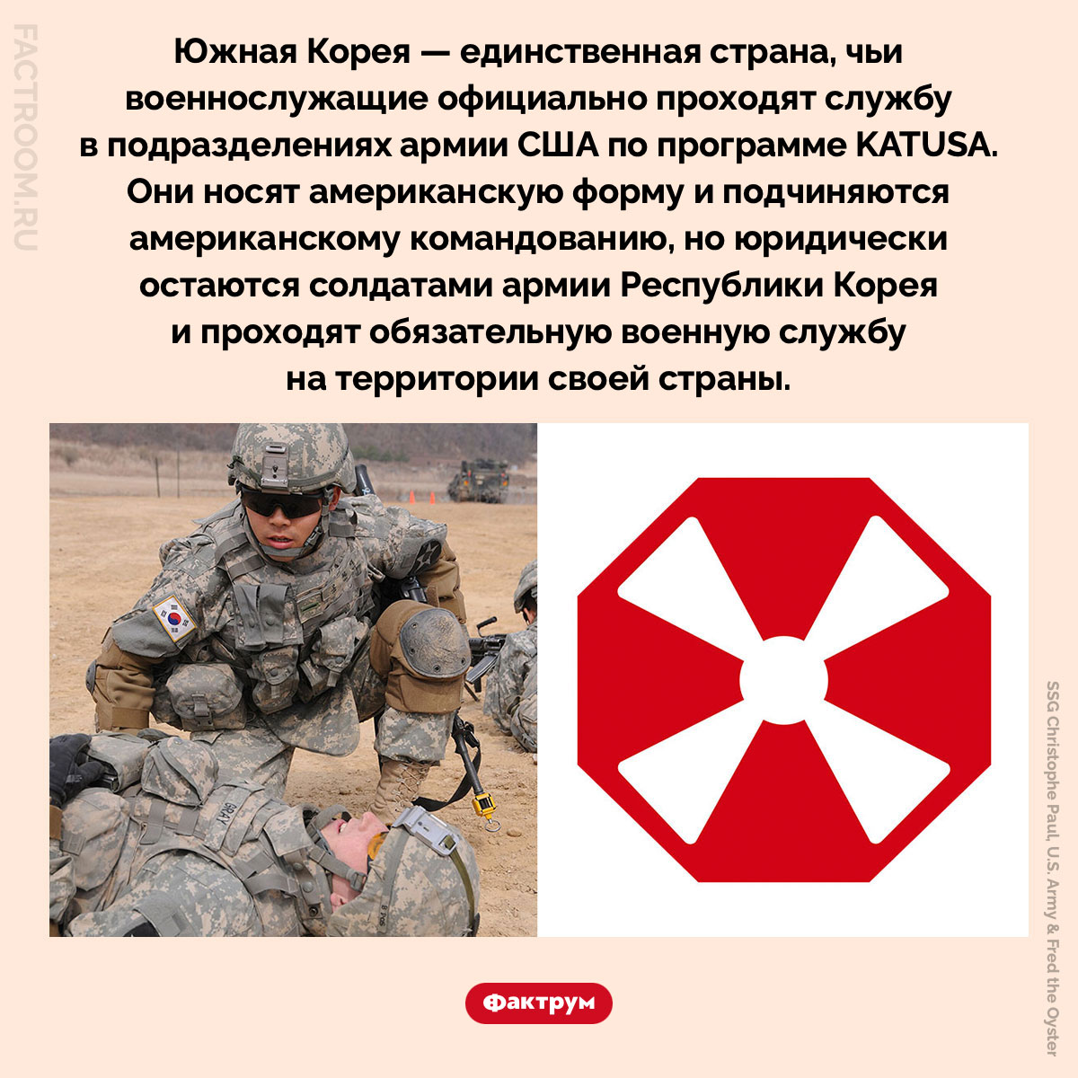 Единственная страна, чьи военнослужащие проходят службу в подразделениях армии США. Южная Корея — единственная страна, чьи военнослужащие официально проходят службу в подразделениях армии США по программе KATUSA. Они носят американскую форму и подчиняются американскому командованию, но юридически остаются солдатами армии Республики Корея и проходят обязательную военную службу на территории своей страны.