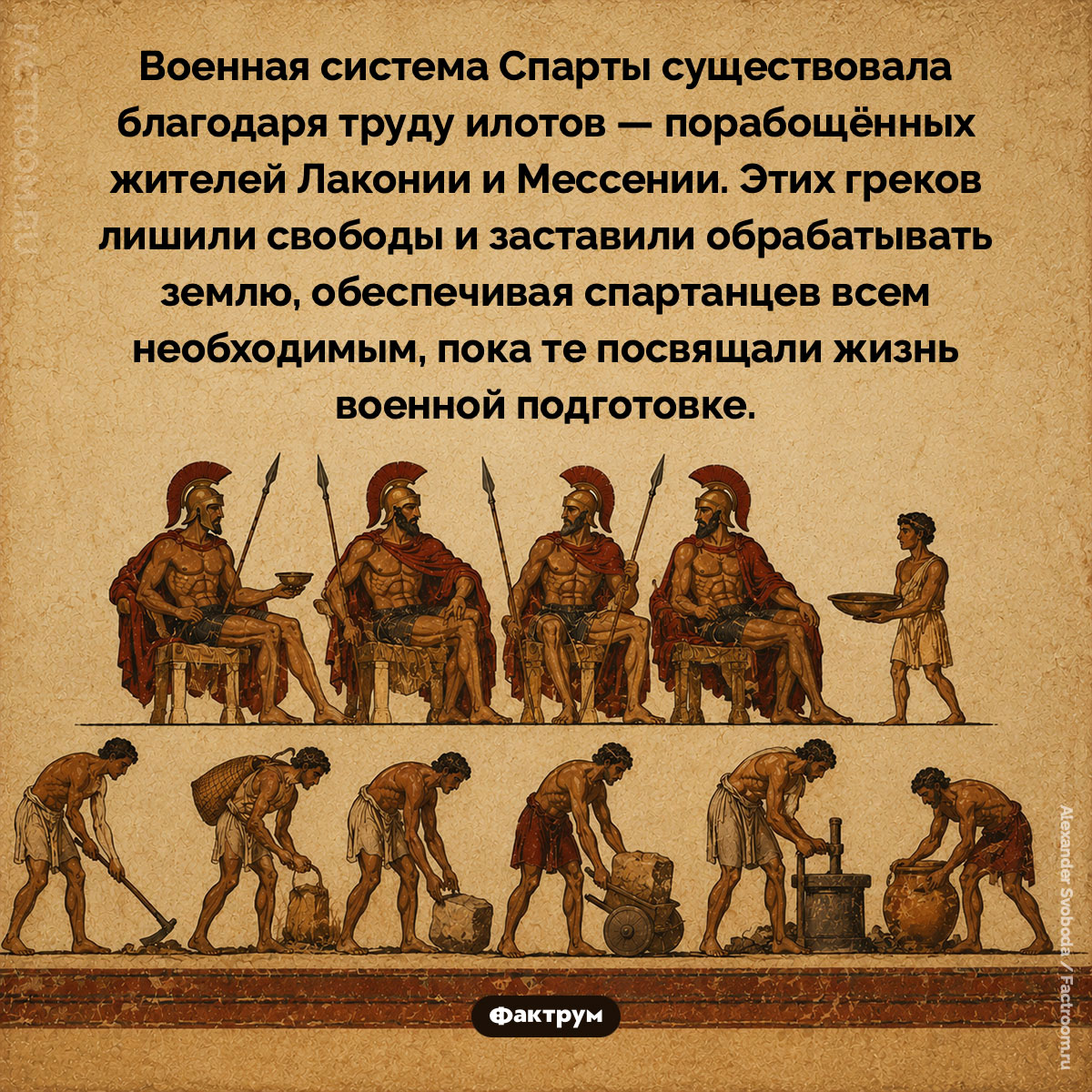 Почему спартанцы могли всю жизнь заниматься войной. Военная система Спарты существовала благодаря труду илотов — порабощённых жителей Лаконии и Мессении. Этих греков лишили свободы и заставили обрабатывать землю, обеспечивая спартанцев всем необходимым, пока те посвящали жизнь военной подготовке.