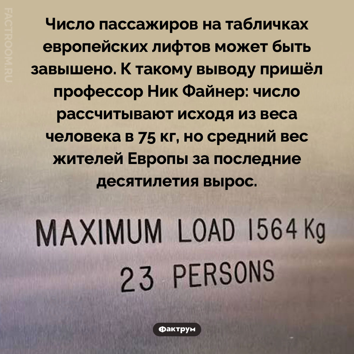 Число пассажиров на табличках лифтов может быть завышено. Число пассажиров на табличках европейских лифтов может быть завышено. К такому выводу пришёл профессор Ник Файнер: число рассчитывают исходя из веса человека в 75 кг, но средний вес жителей Европы за последние десятилетия вырос.