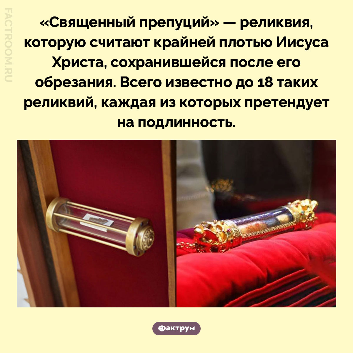 Что такое «Священный препуций». «Священный препуций» — реликвия, которую считают крайней плотью Иисуса Христа, сохранившейся после его обрезания. Всего известно до 18 таких реликвий, каждая из которых претендует на подлинность.