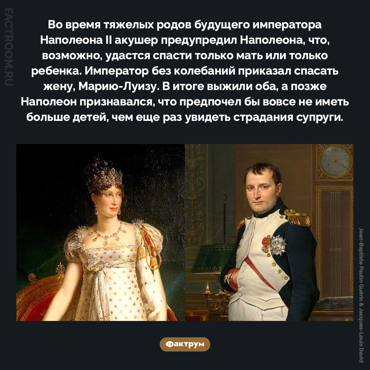 Наполеон приказал спасать жену, а не наследника. Во время тяжелых родов будущего императора Наполеона II акушер предупредил Наполеона, что, возможно, удастся спасти только мать или только ребенка. Император без колебаний приказал спасать жену, Марию-Луизу. В итоге выжили оба, а позже Наполеон признавался, что предпочел бы вовсе не иметь больше детей, чем еще раз увидеть страдания супруги.