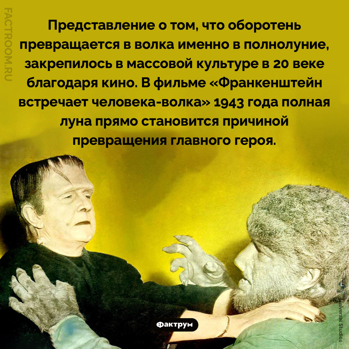 Оборотни стали превращаться в полнолуние благодаря фильму о Франкенштейне. Представление о том, что оборотень превращается в волка именно в полнолуние, закрепилось в массовой культуре в 20 веке благодаря кино. В фильме «Франкенштейн встречает человека-волка» 1943 года полная луна прямо становится причиной превращения главного героя.