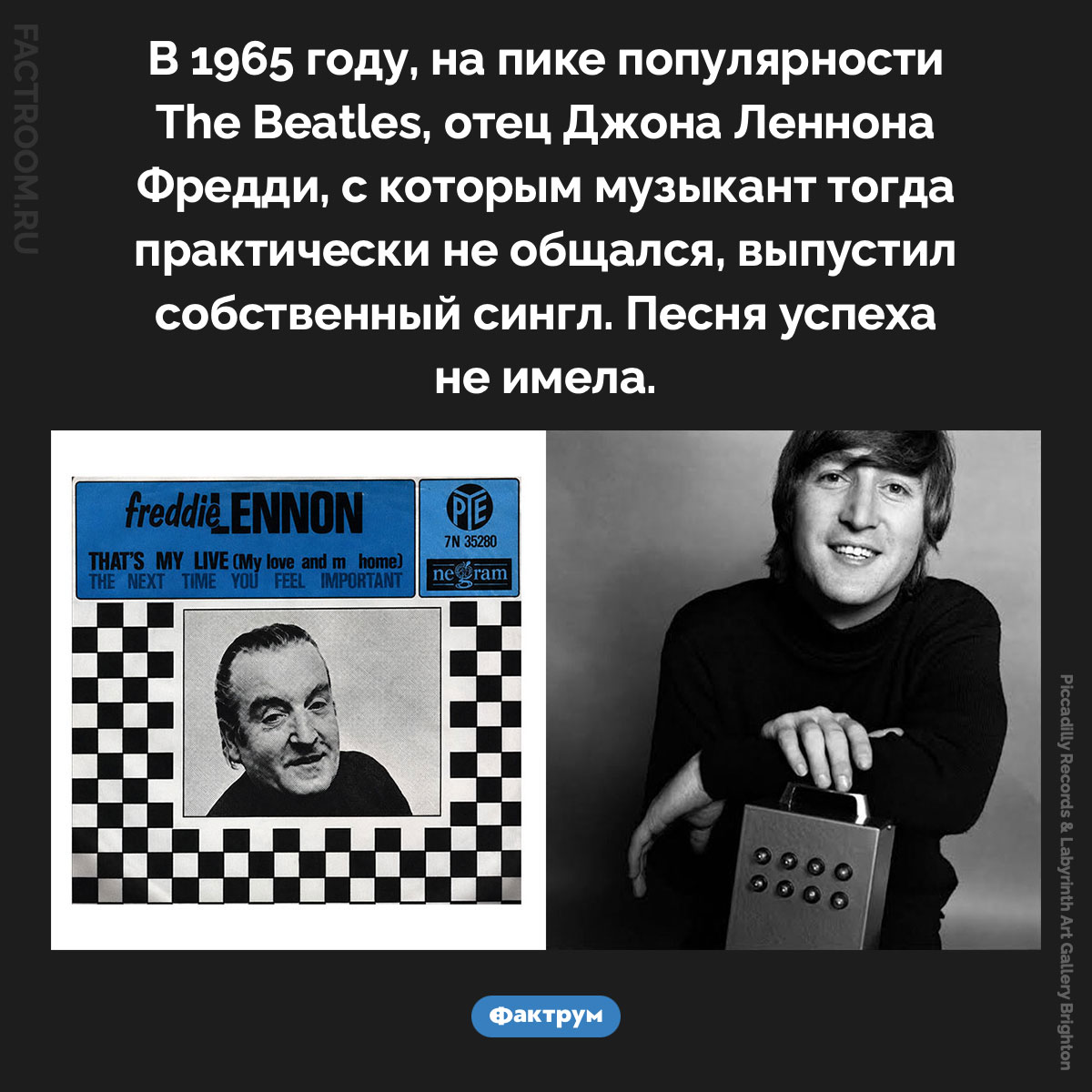 Отец Джона Леннона на пике славы The Beatles записал собственную песню. В 1965 году, на пике популярности The Beatles, отец Джона Леннона Фредди, с которым музыкант тогда практически не общался, выпустил собственный сингл. Песня успеха не имела.
