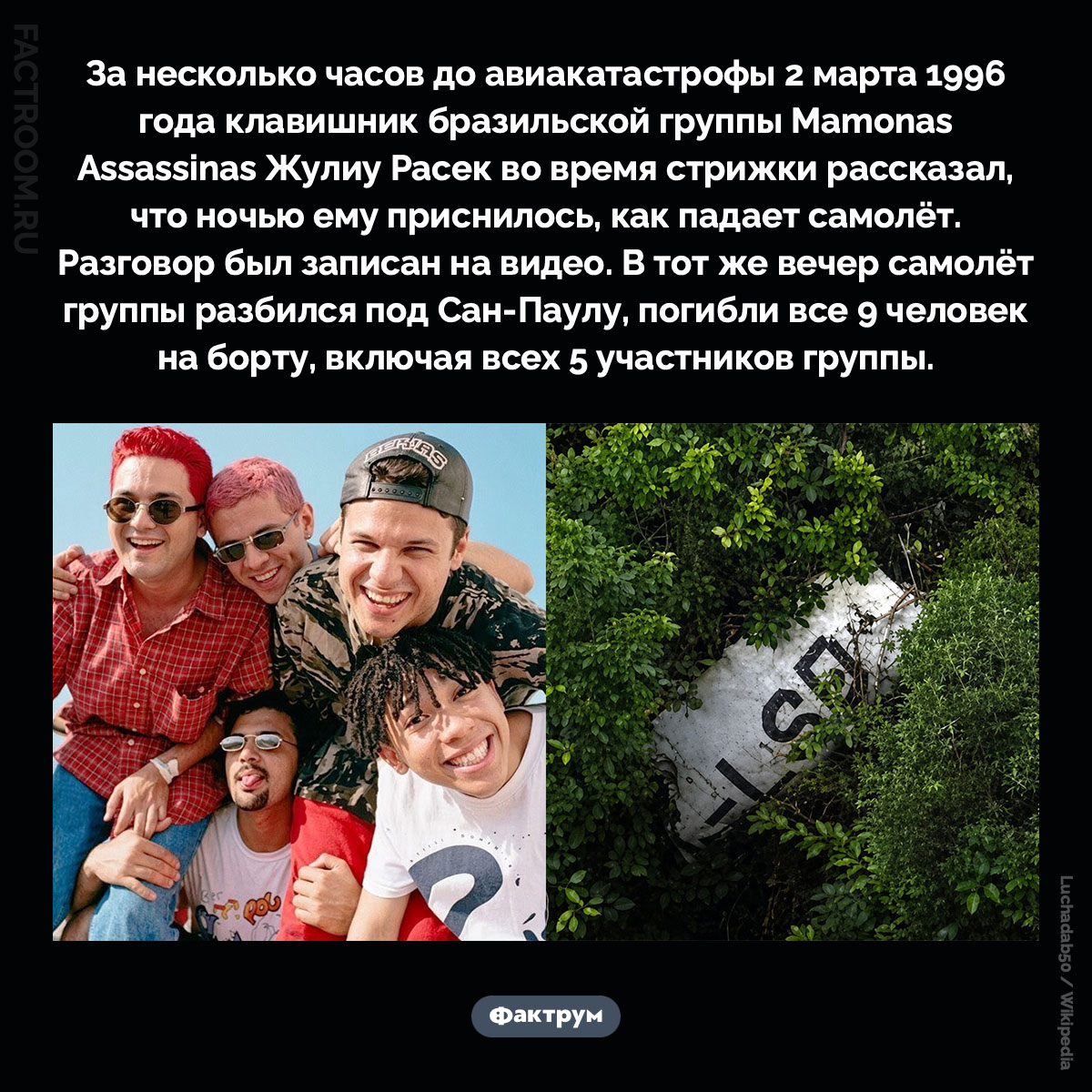 За несколько часов до авиакатастрофы музыкант рассказал о странном сне. За несколько часов до авиакатастрофы 2 марта 1996 года клавишник бразильской группы Mamonas Assassinas Жулиу Расек во время стрижки рассказал, что ночью ему приснилось, как падает самолёт. Разговор был записан на видео. В тот же вечер самолёт группы разбился под Сан-Паулу, погибли все 9 человек на борту, включая всех 5 участников группы.