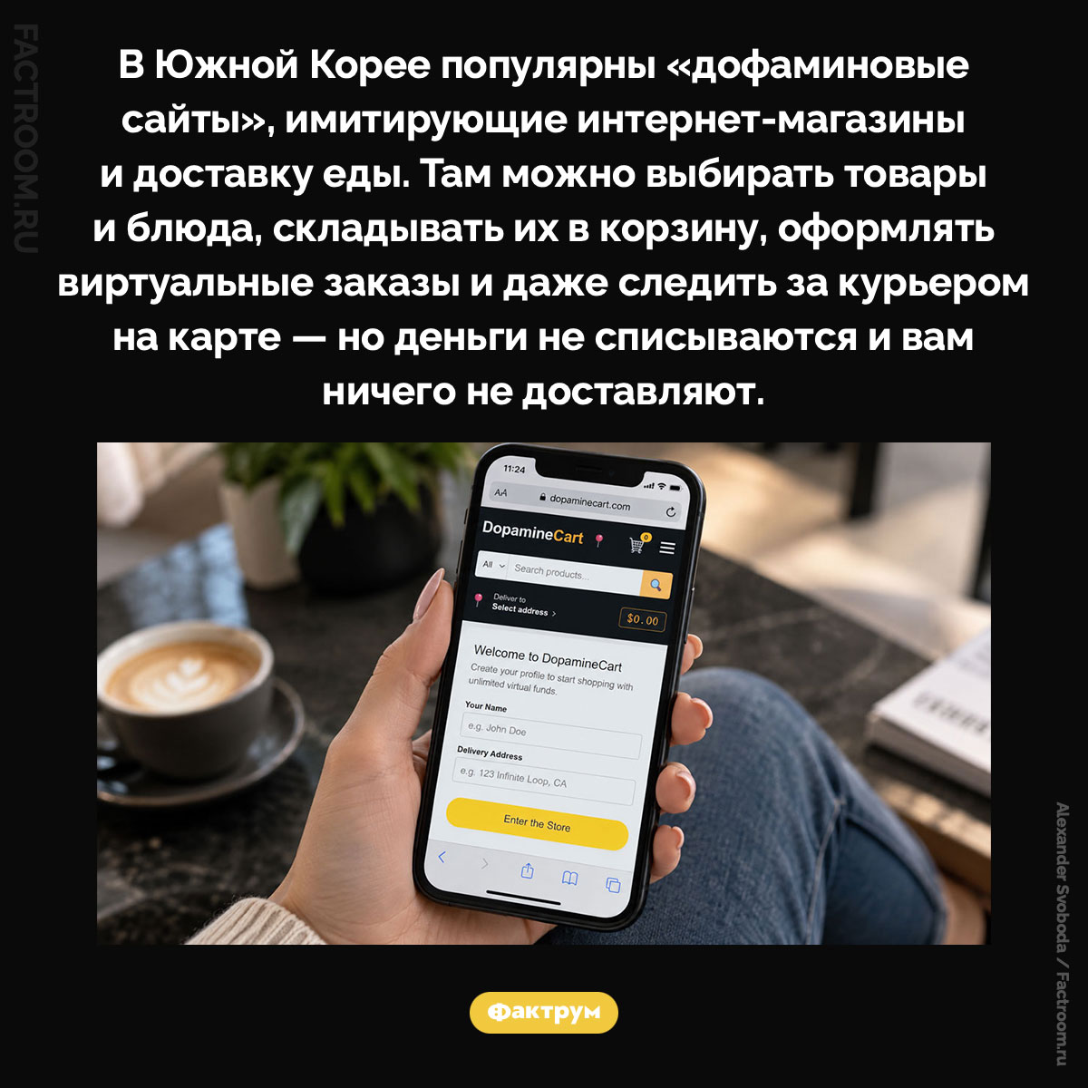 Что такое «дофаминовые сайты». В Южной Корее популярны «дофаминовые сайты», имитирующие интернет-магазины и доставку еды. Там можно выбирать товары и блюда, складывать их в корзину, оформлять виртуальные заказы и даже следить за курьером на карте — но деньги не списываются и вам ничего не доставляют.
