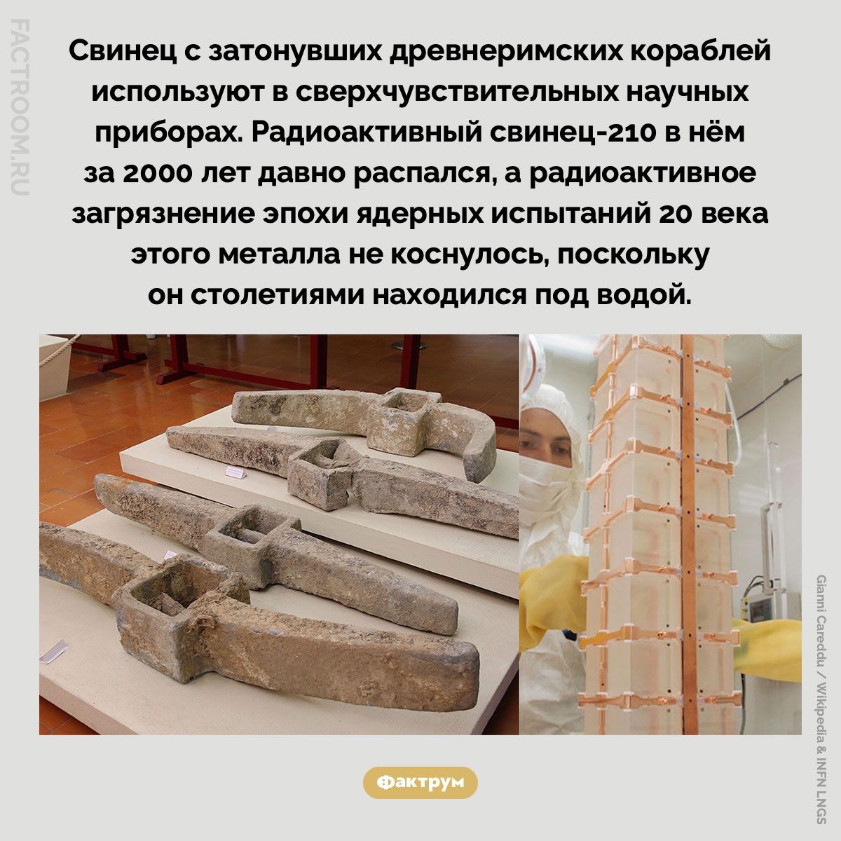 Древнеримский свинец используют в сверхчувствительных приборах. Свинец с затонувших древнеримских кораблей используют в сверхчувствительных научных приборах. Радиоактивный свинец-210 в нём за 2000 лет давно распался, а радиоактивное загрязнение эпохи ядерных испытаний 20 века этого металла не коснулось, поскольку он столетиями находился под водой.