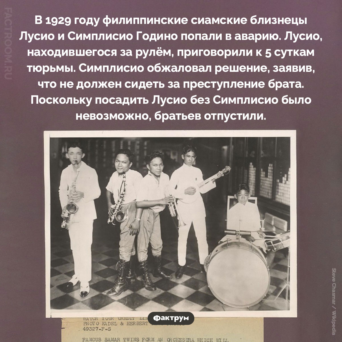 Как сиамские близнецы поставили филиппинский суд в тупик. В 1929 году филиппинские сиамские близнецы Лусио и Симплисио Годино попали в аварию. Лусио, находившегося за рулём, приговорили к 5 суткам тюрьмы. Симплисио обжаловал решение, заявив, что не должен сидеть за преступление брата. Поскольку посадить Лусио без Симплисио было невозможно, братьев отпустили.